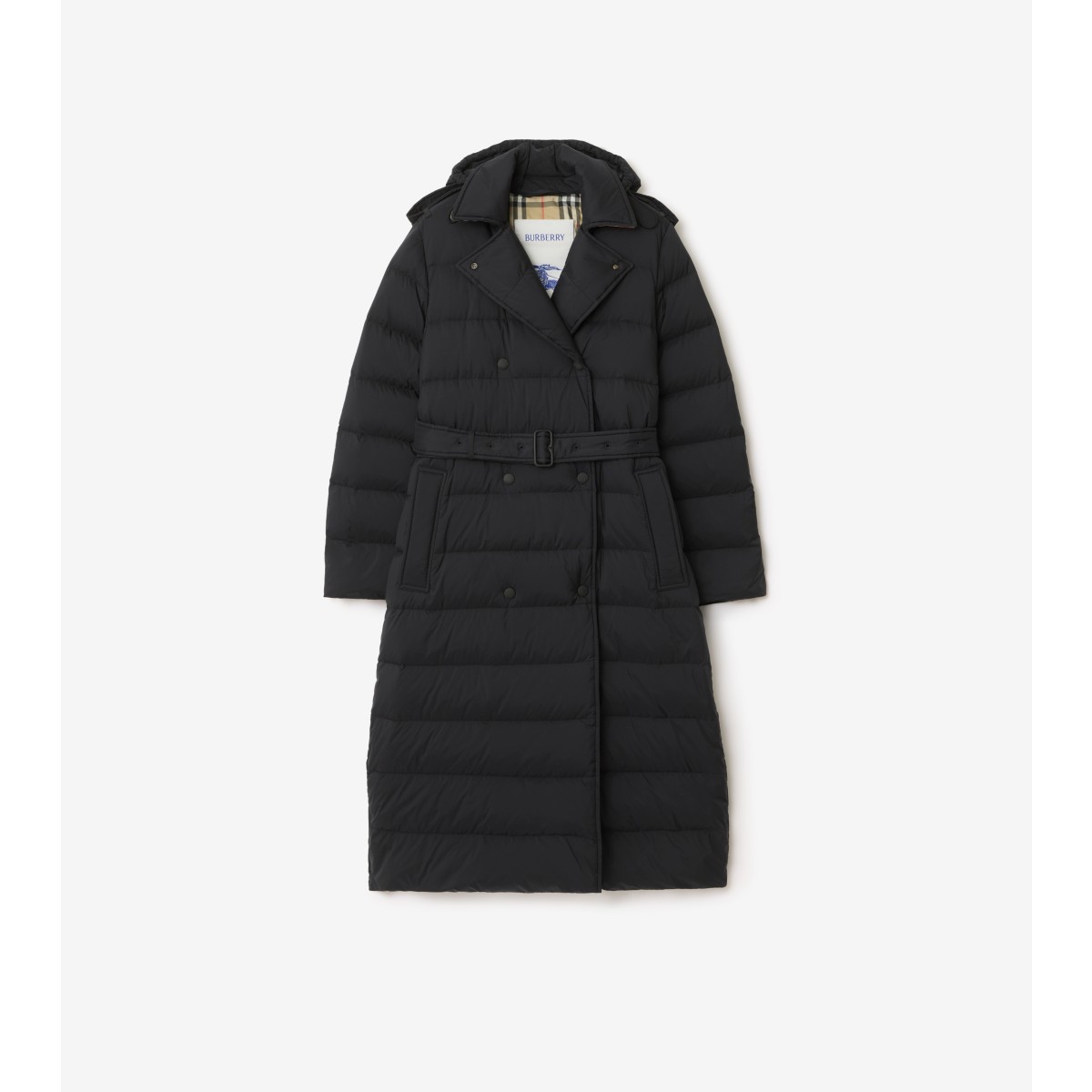  Check Long Nylon Hooded Puffer Coat