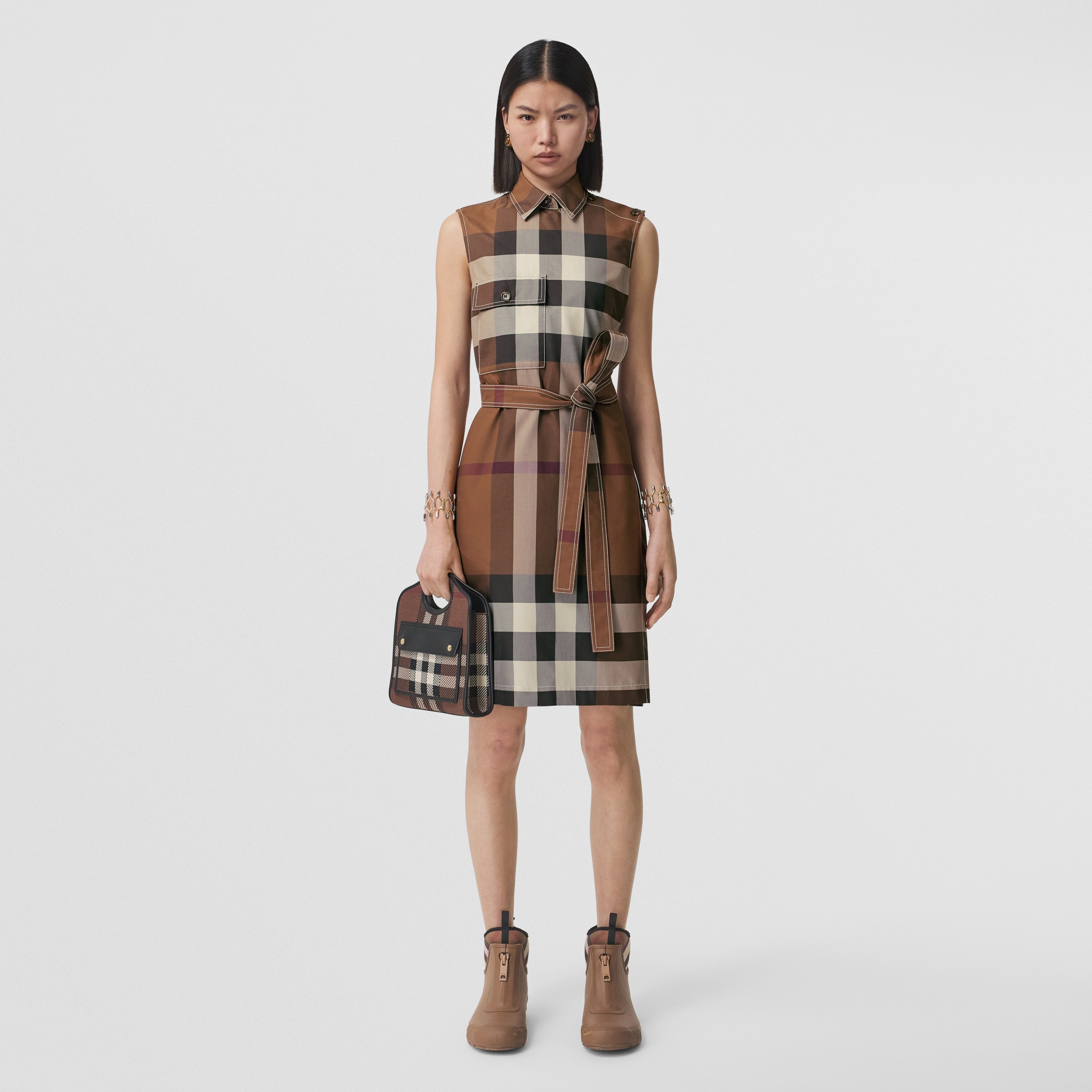 Sleeveless Exaggerated Check Cotton Shirt Dress in Dark Birch Brown - Women | Burberry® Official - 1