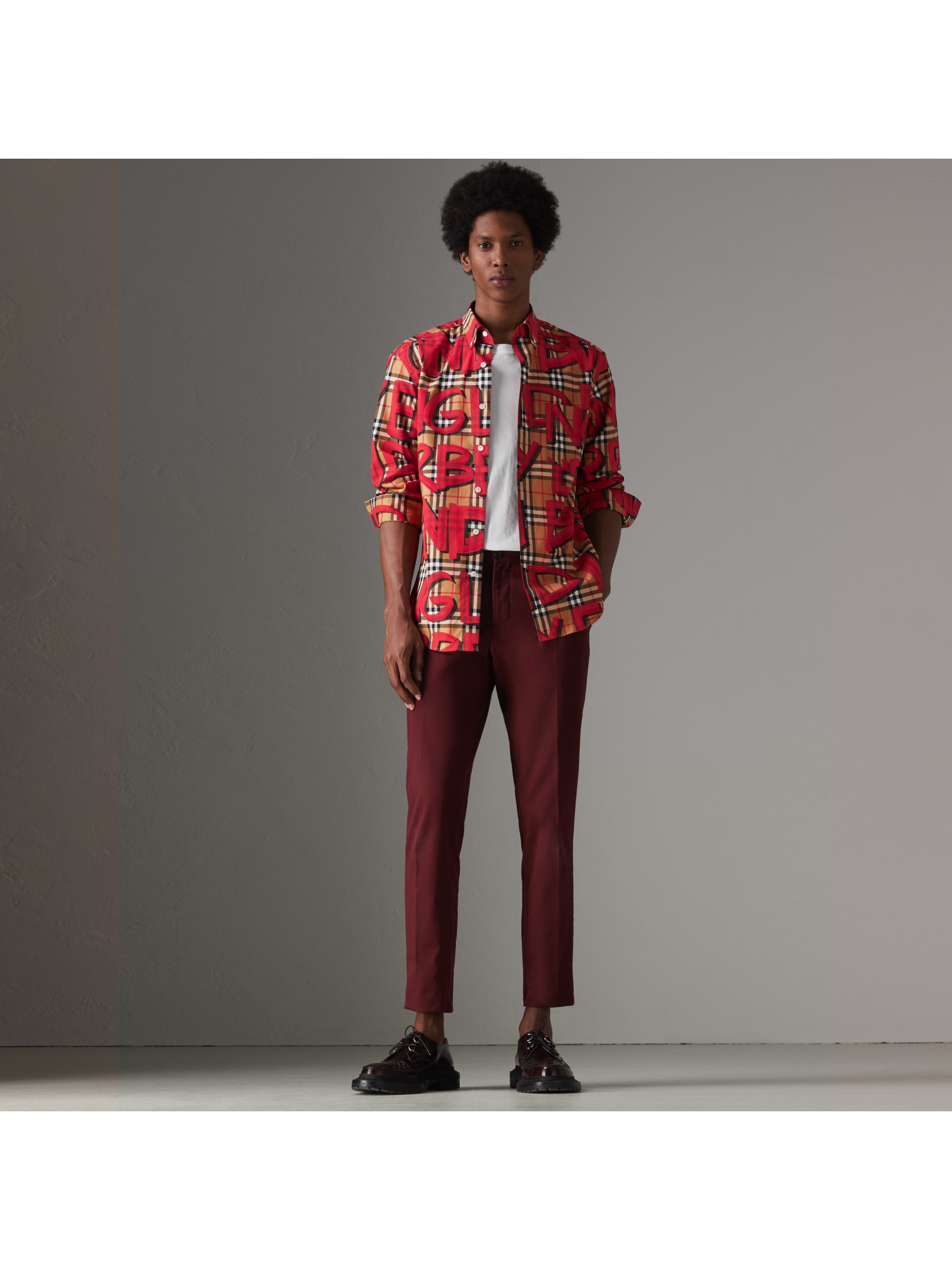 亮红色 涂鸦印花 vintage 格纹衬衫 产品图片01