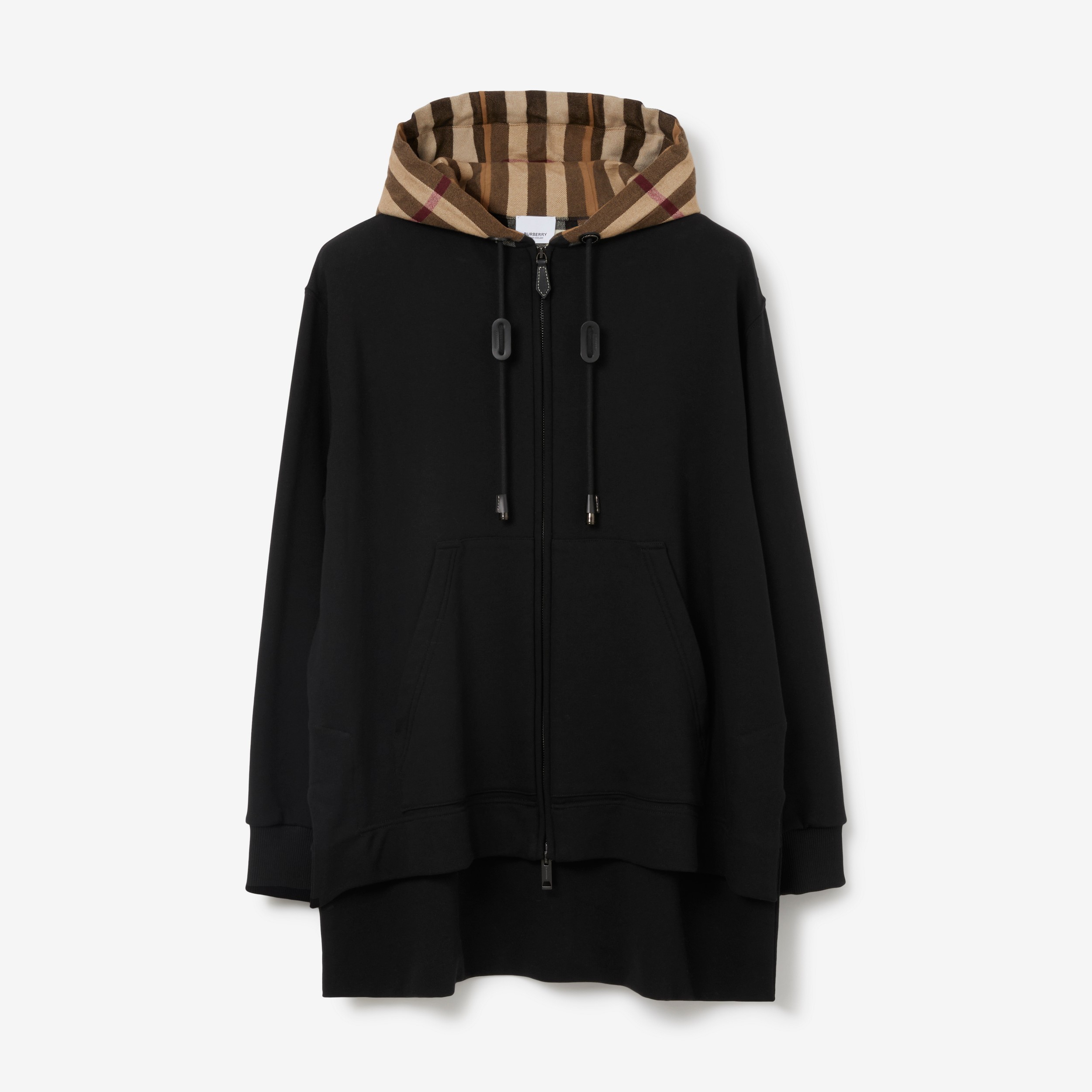 Check Hood Cotton Oversized Zip Hoodie in Black - Women | Burberry® Official - 1