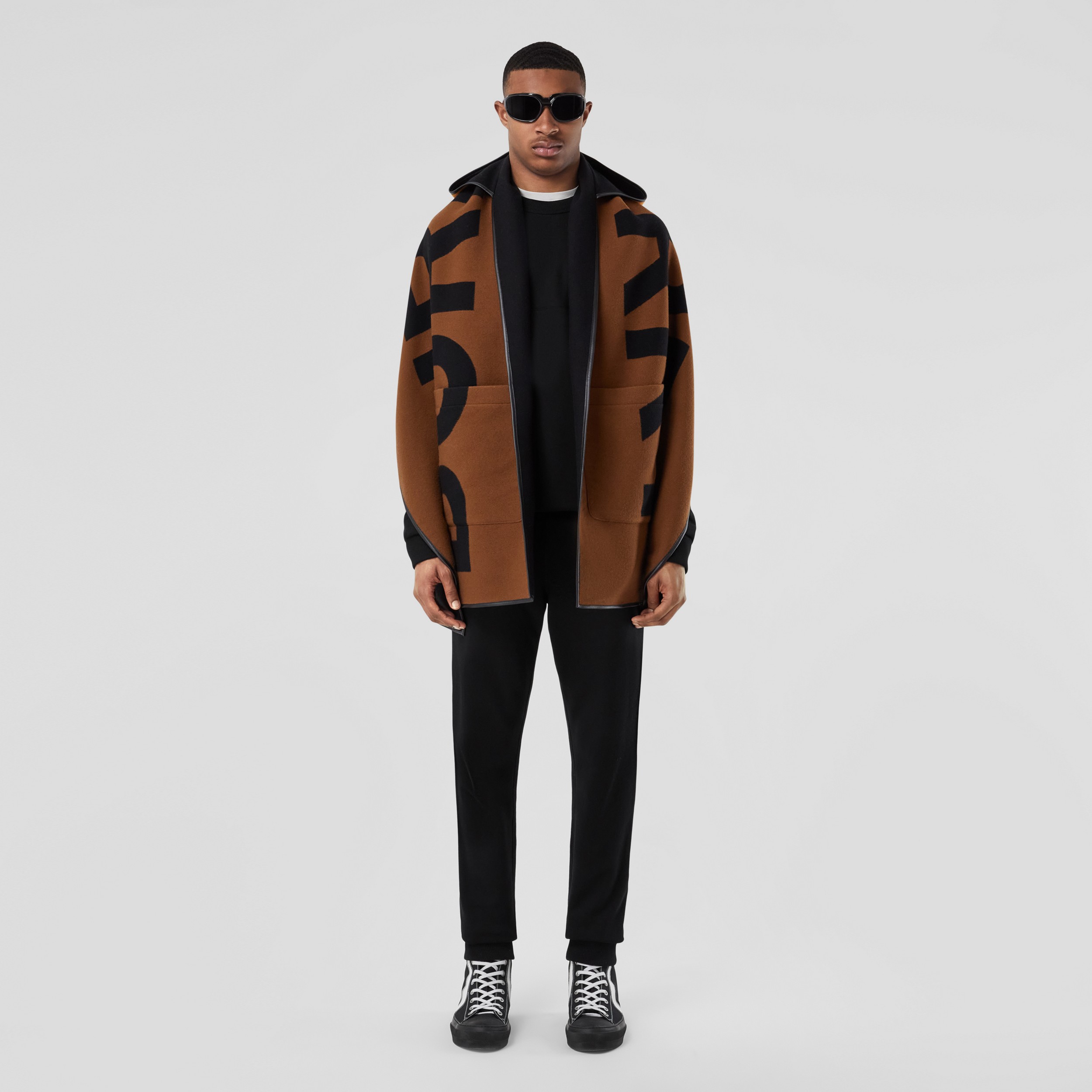 Logo Wool Cotton Jacquard Hooded Cape in Dark Chestnut Brown | Burberry® Official - 1