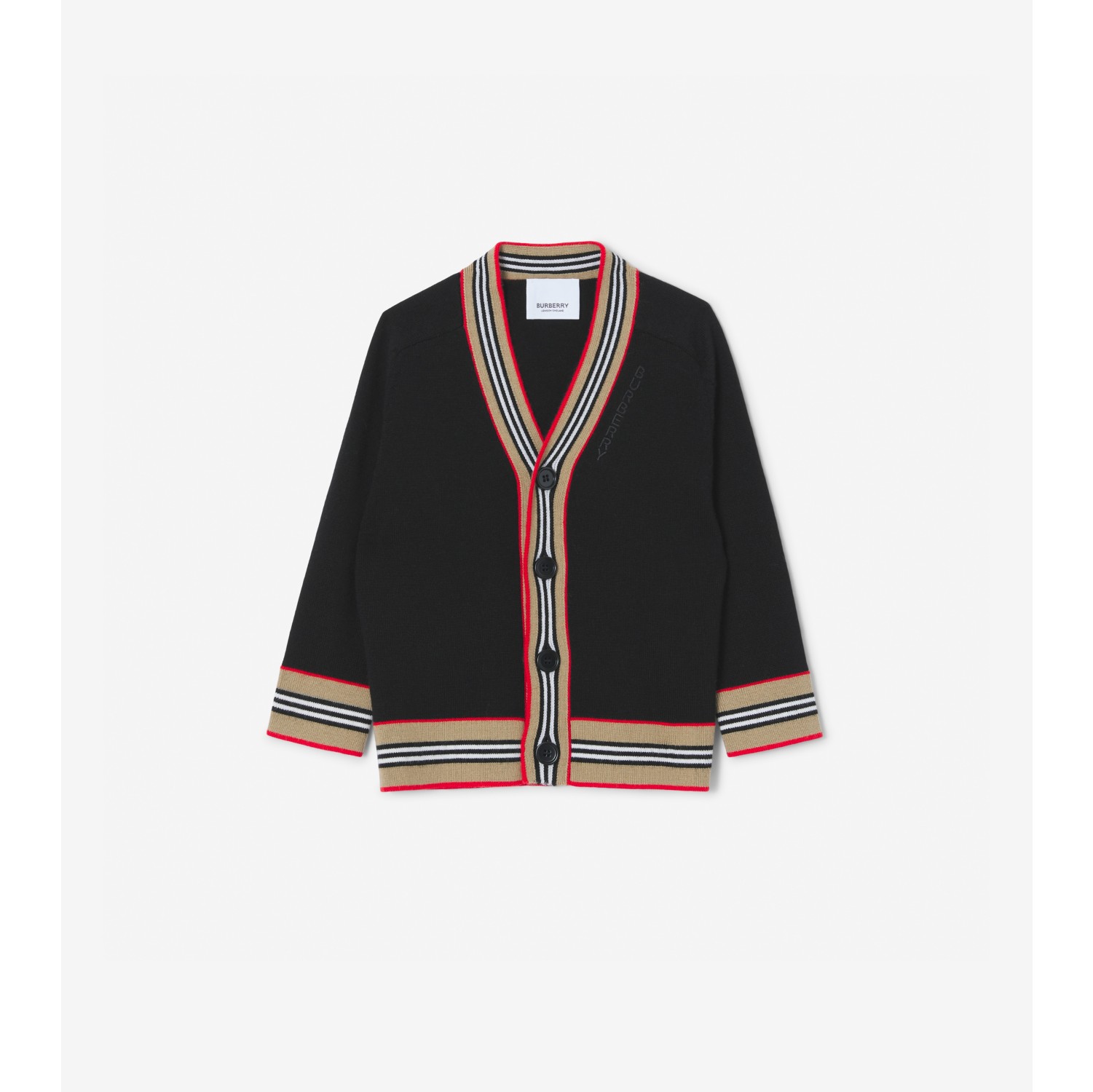 Icon Stripe Trim Wool Cardigan in Black - Children | Burberry® Official