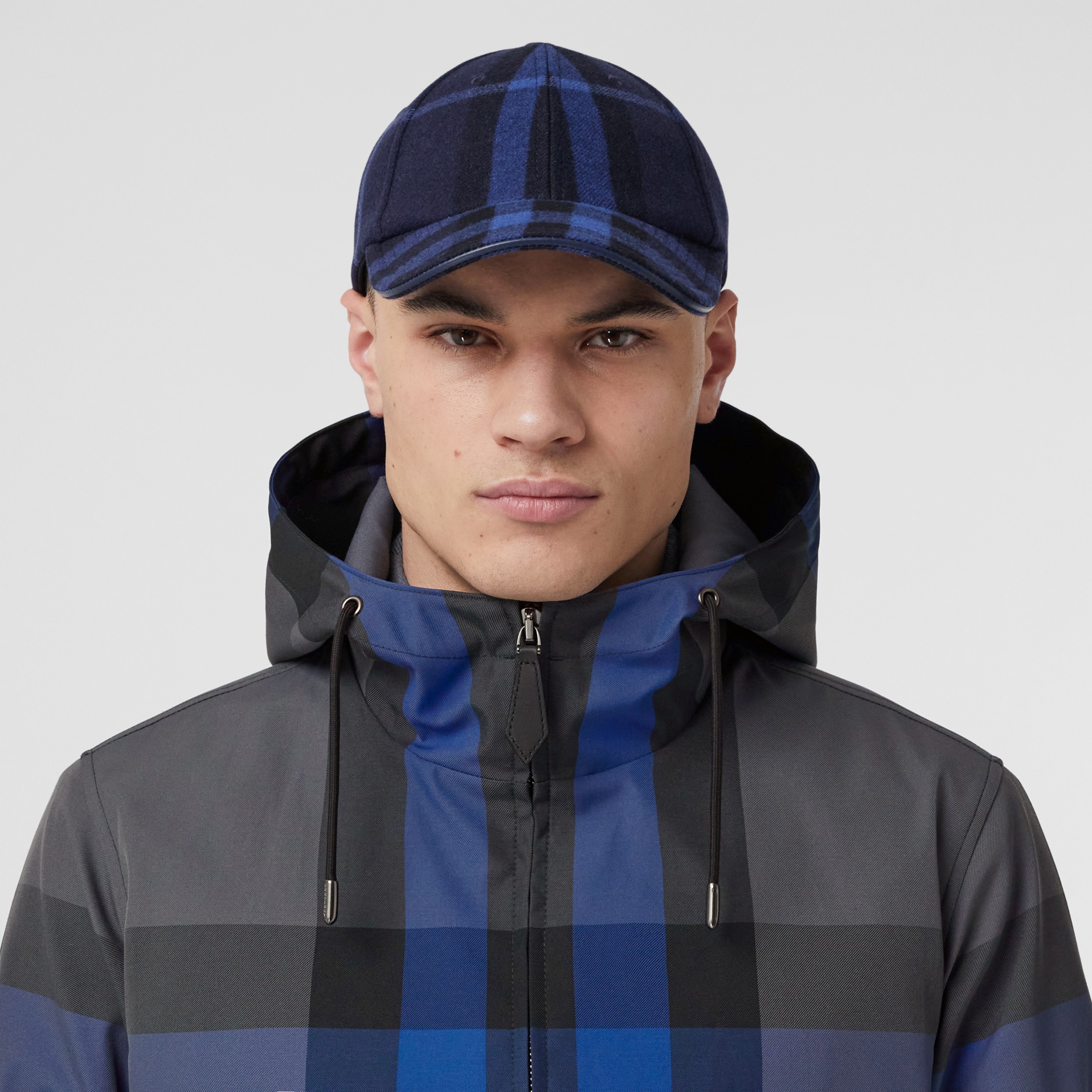 Check Cotton Blend Hooded Jacket in Oceanic Blue - Men | Burberry® Official