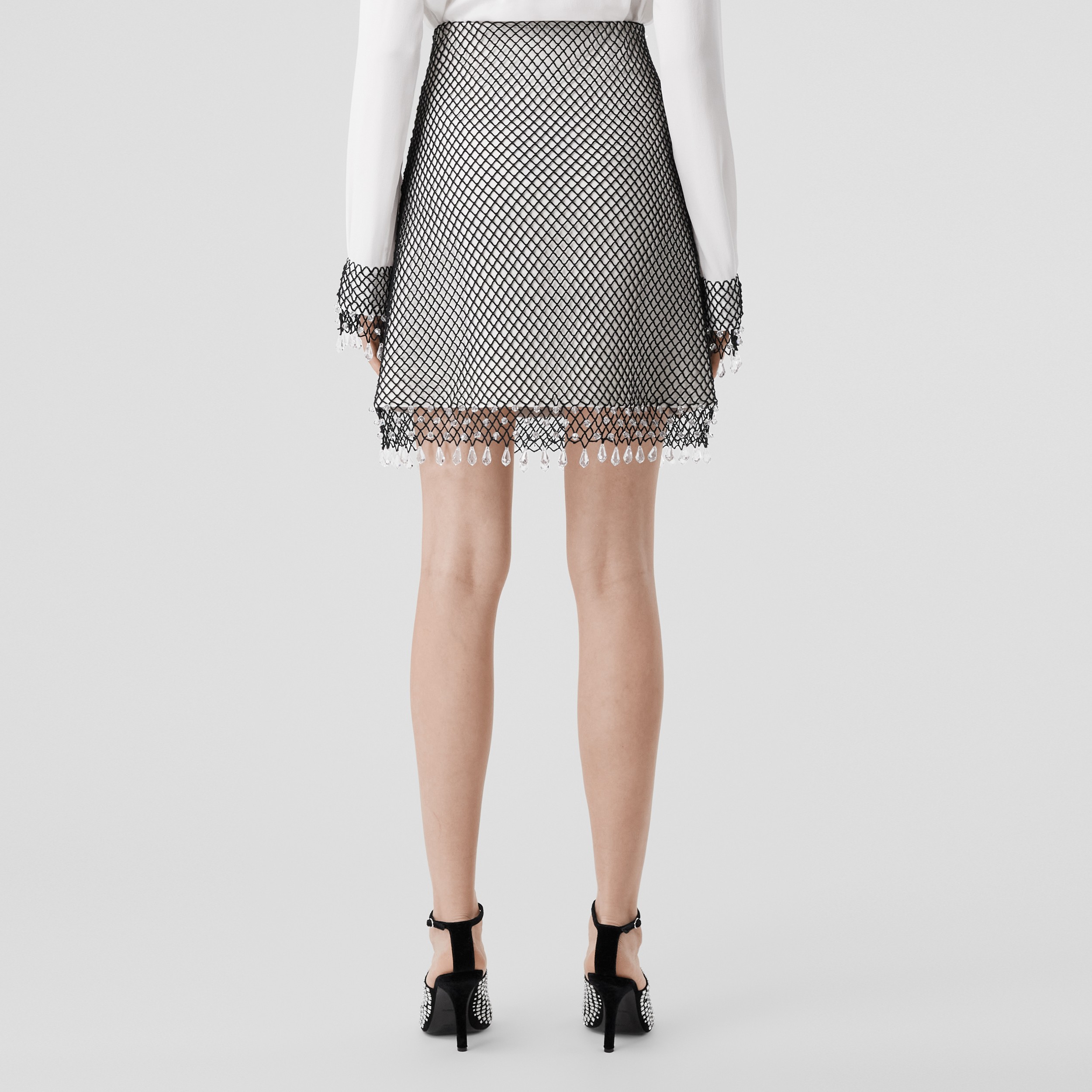 Crystal-embellished fishnet mini skirt in Natural White - Women | Burberry® Official - 3