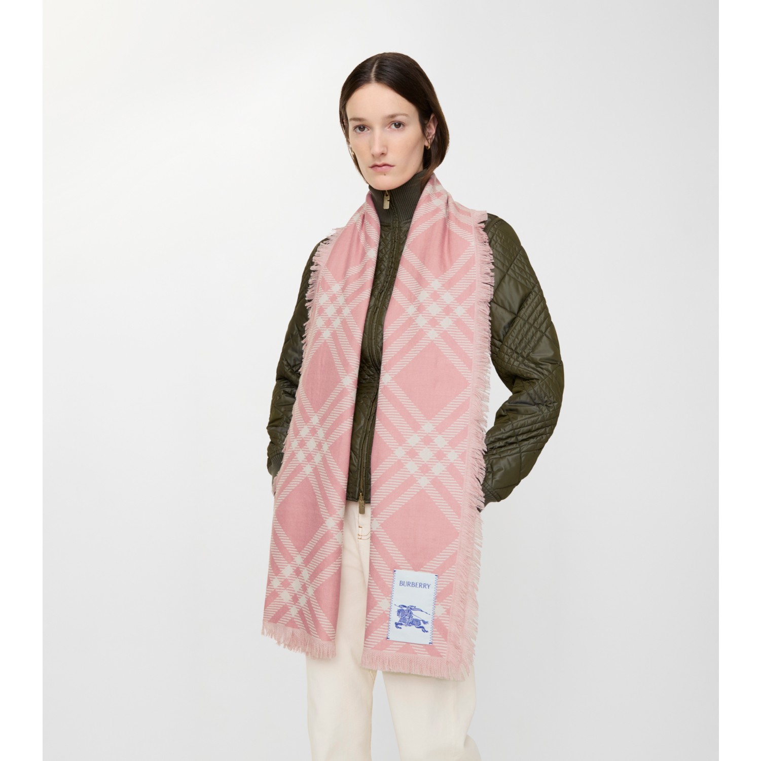 Wide Check Wool Silk Scarf in Sugar pink | Burberry® Official