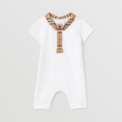 Burberry Childrens Check Trim Stretch Cotton Piqué Playsuit In White