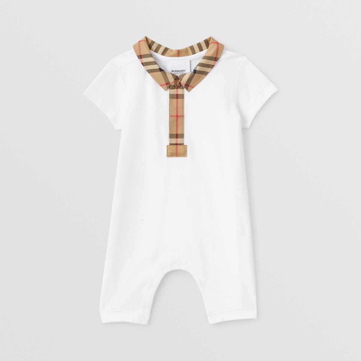 Burberry Childrens Check Trim Stretch Cotton Piqué Playsuit In White
