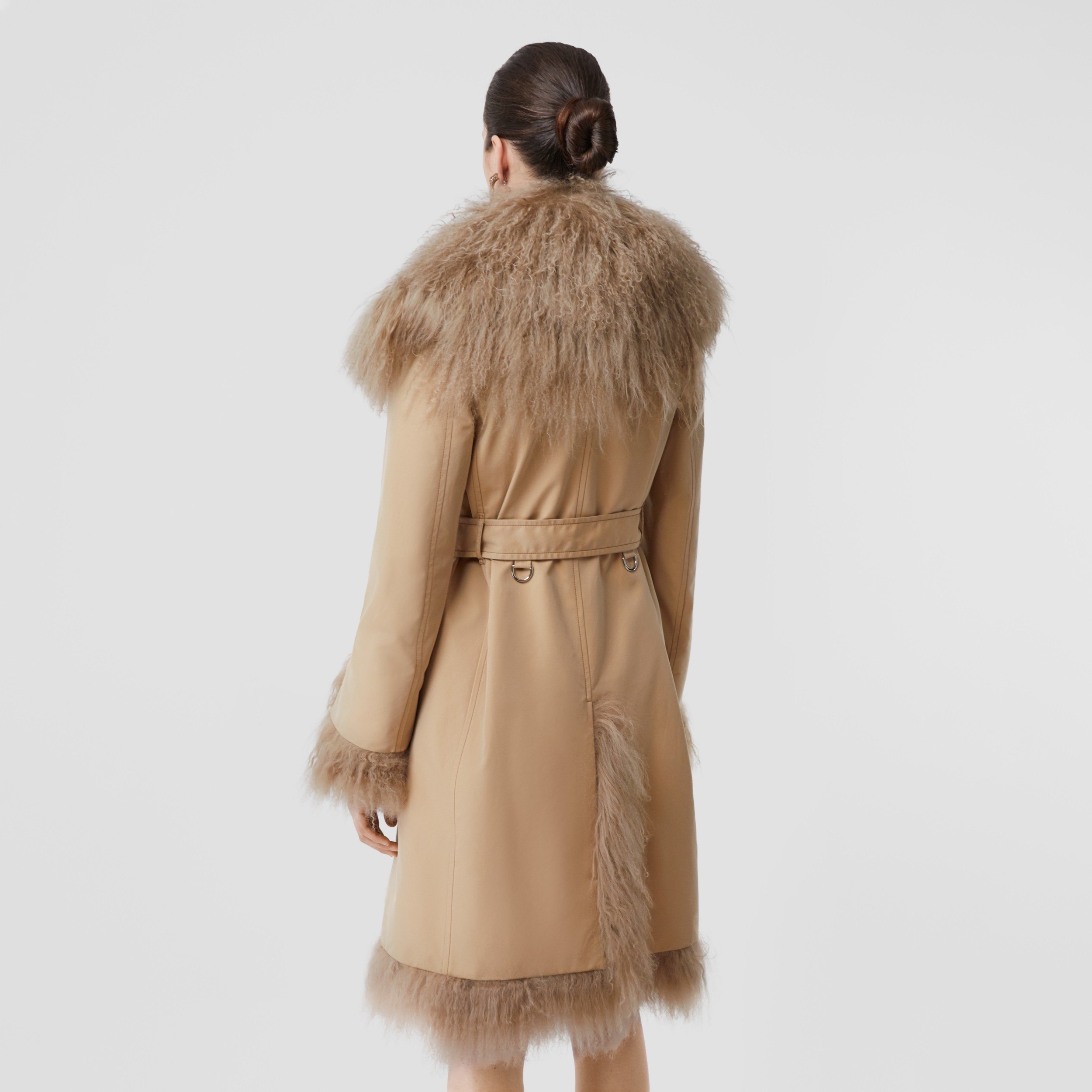 Shearling Trim Cotton Gabardine Belted Trench Coat in Honey Women