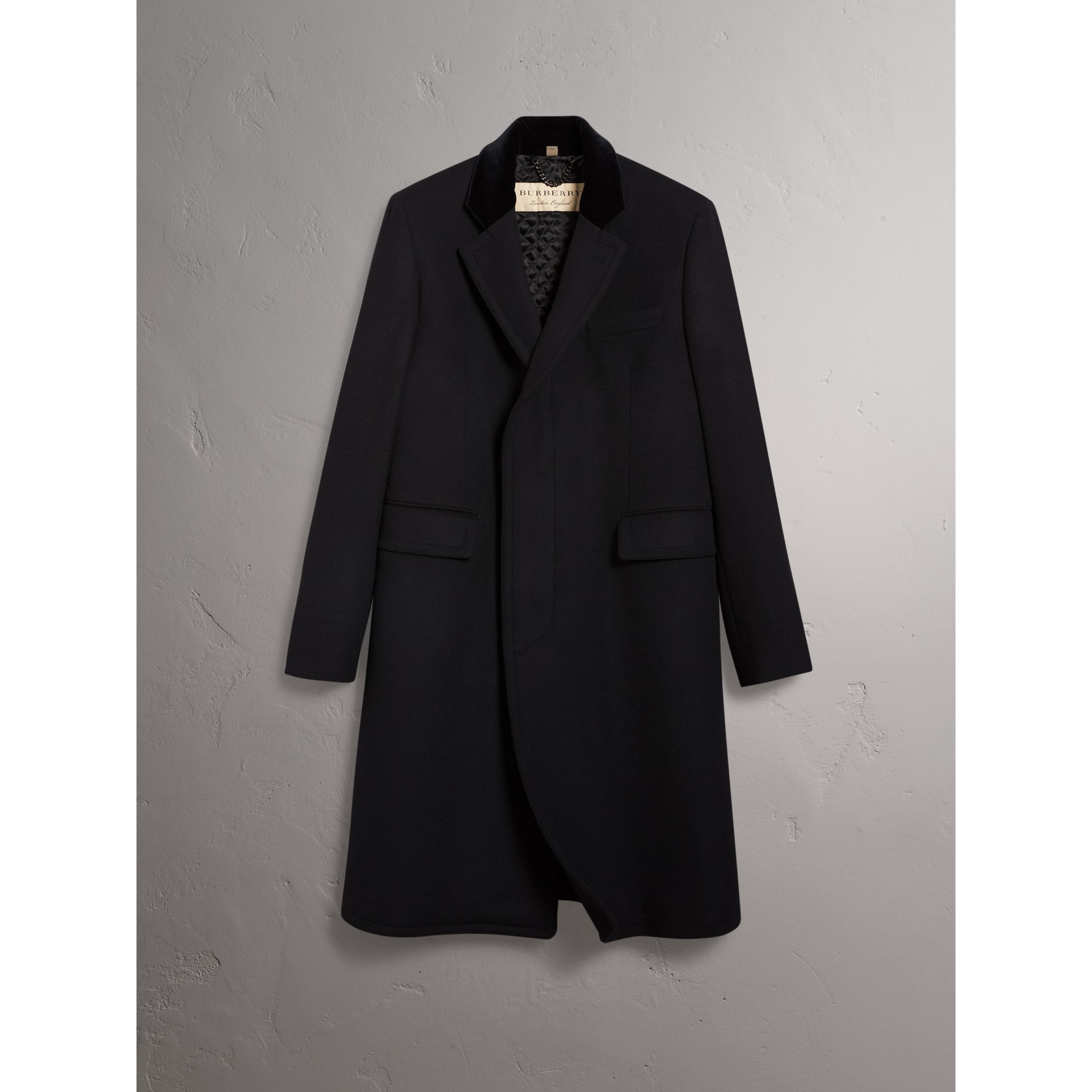 Velvet Collar Wool Cashmere Blend Riding Coat in Black Men Burberry
