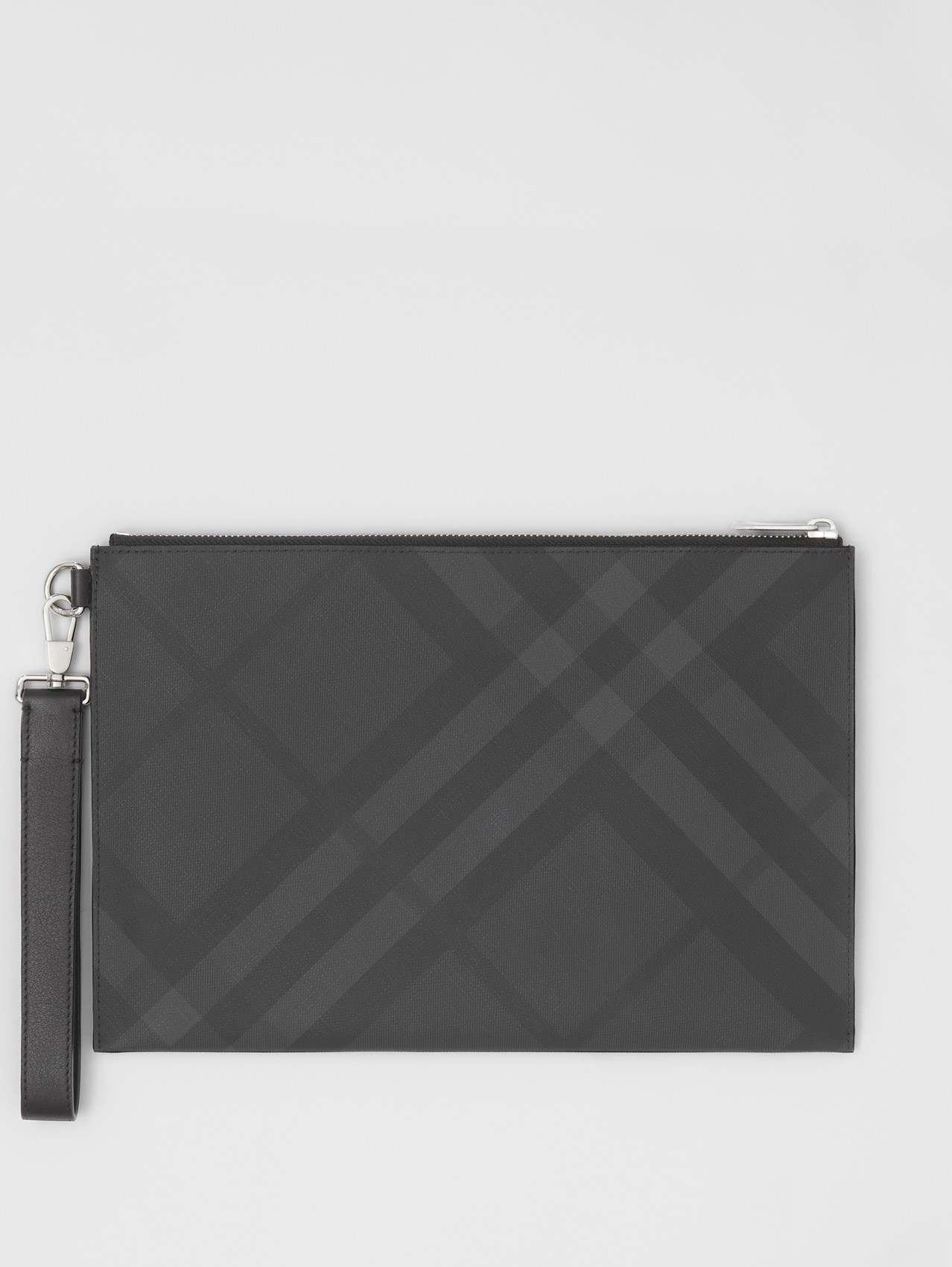 London Check and Leather Zip Pouch in Dark Charcoal