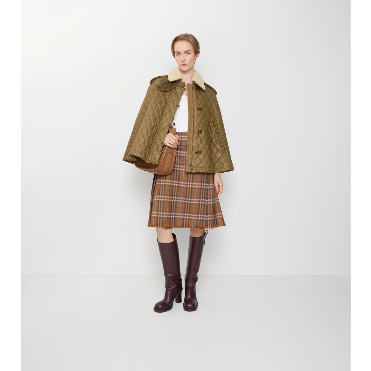  Check Shearling Collar Quilted Heath Cape