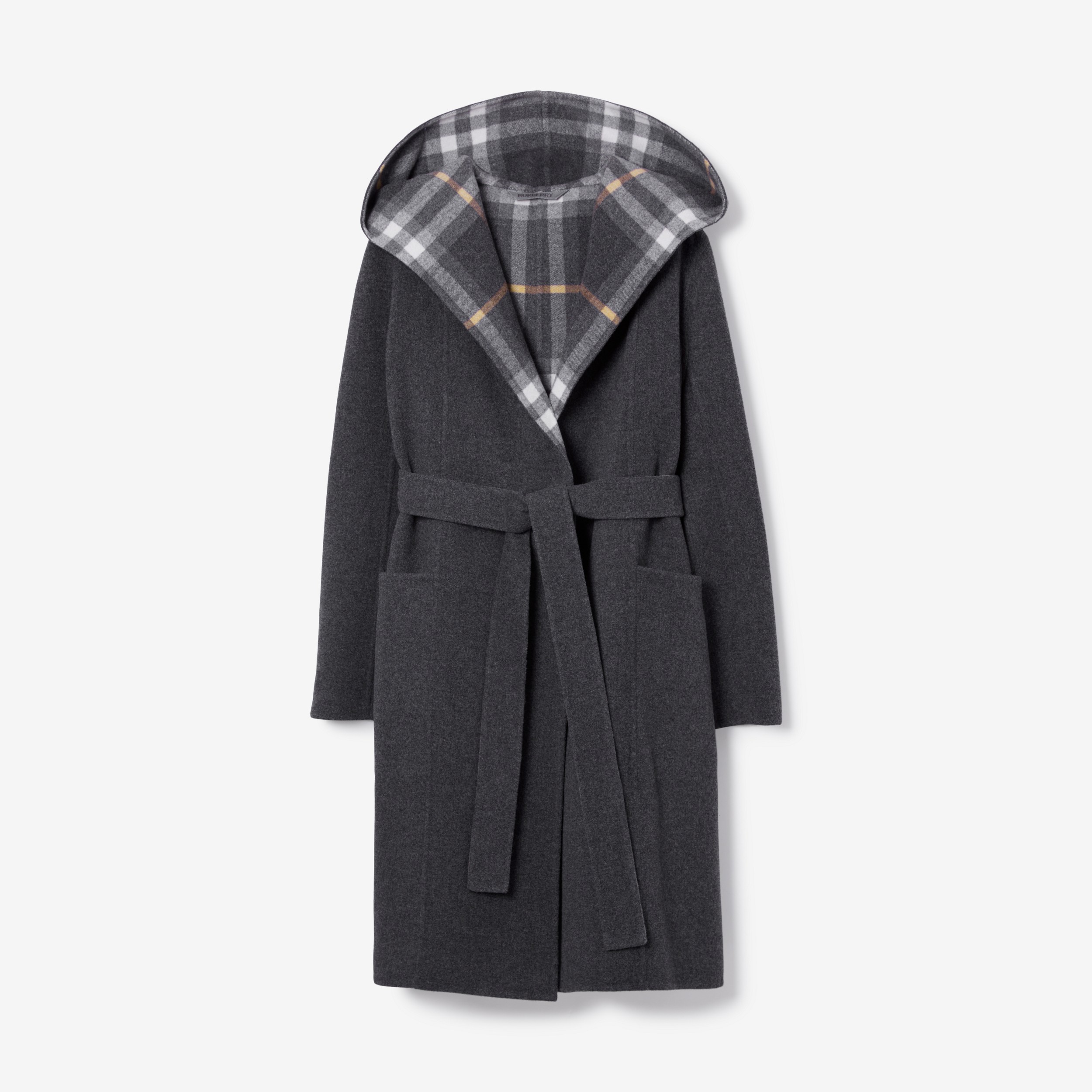 Check Detail Wool Hooded Wrap Coat in Charcoal/grey - Women | Burberry® Official - 1