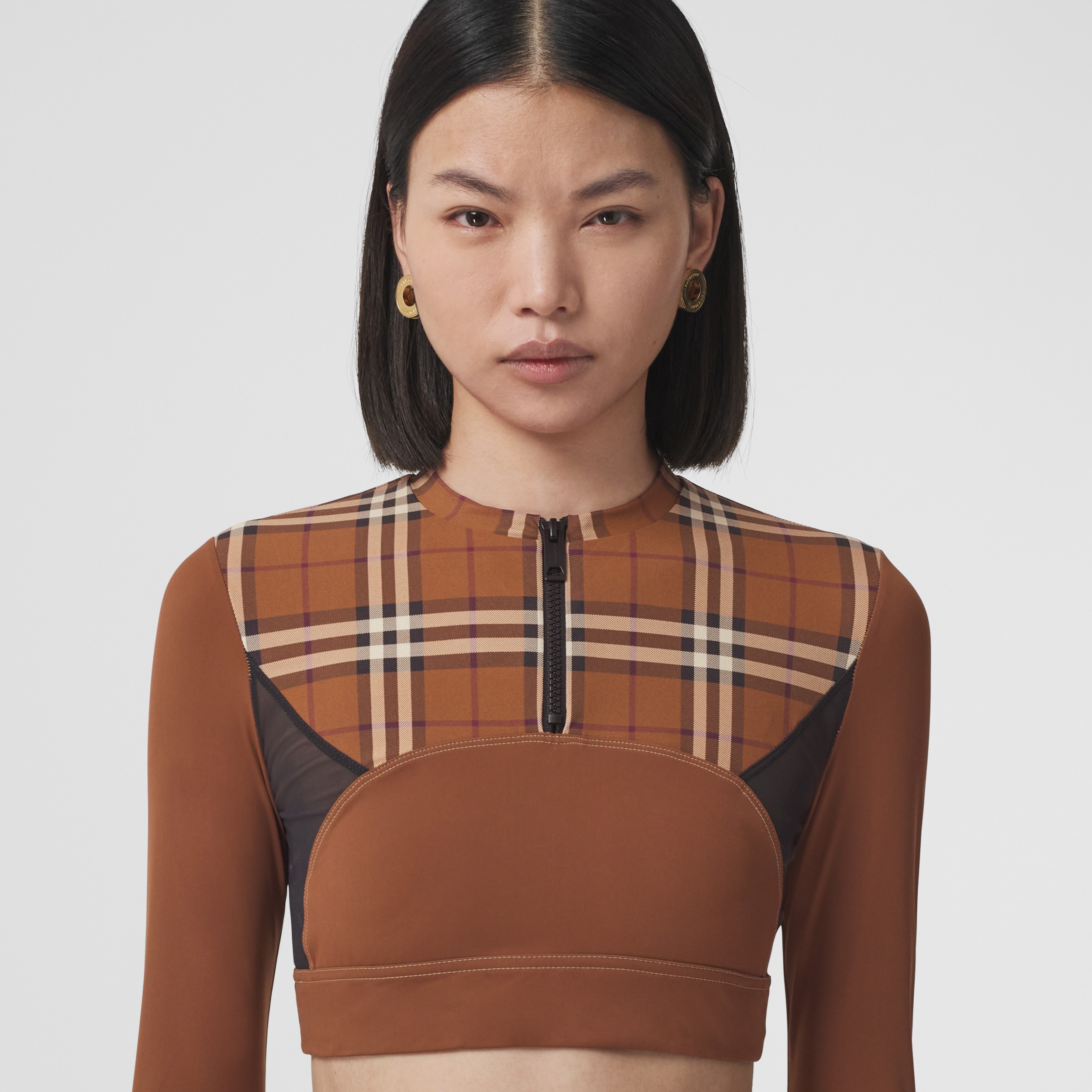 Check Panel Stretch Jersey Cropped Top In Dark Birch Brown Women Burberry® Official 