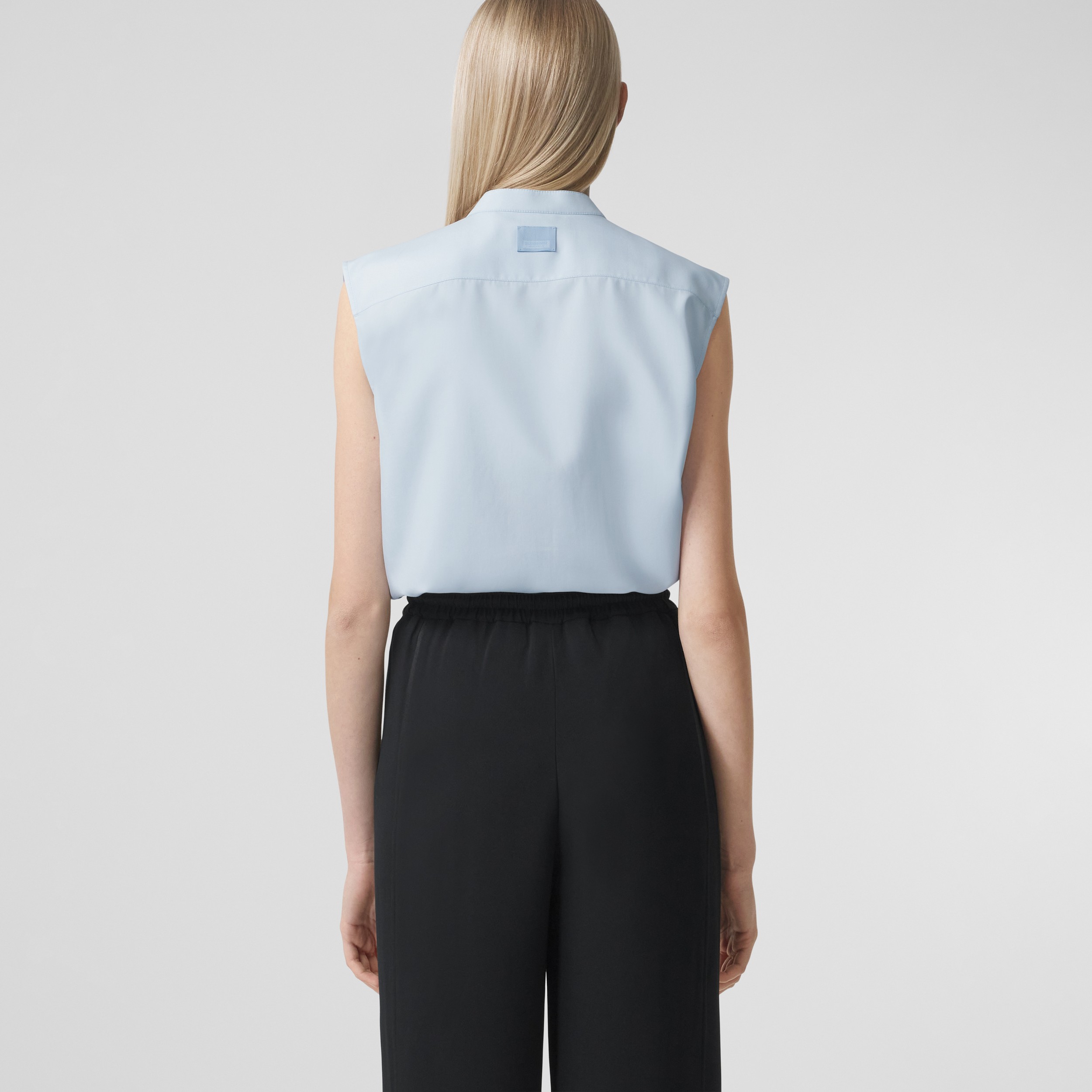 Logo Detail Sleeveless Silk Crepe de Chine Shirt in Pale Blue - Women | Burberry® Official - 3