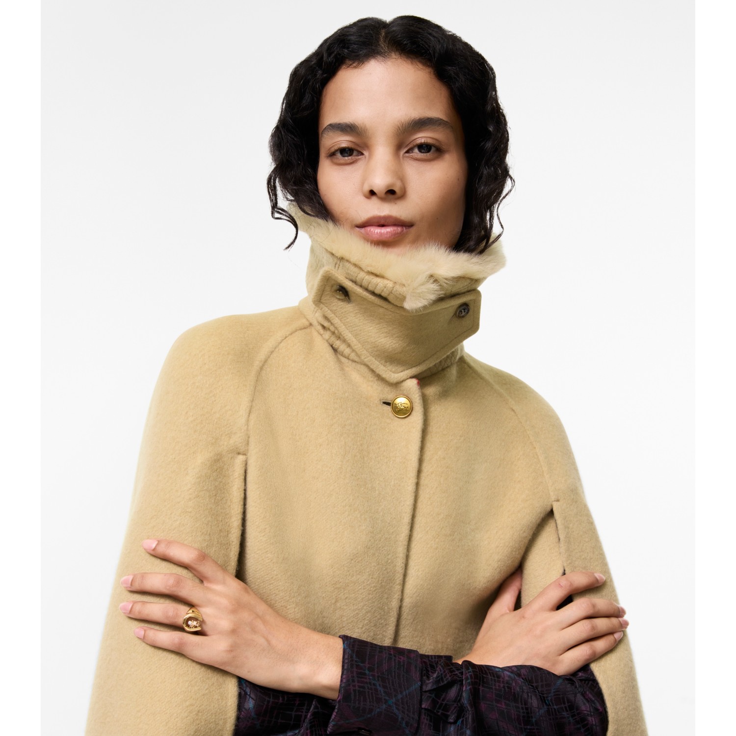 Shearling Collar Cashmere Cape - thumbnail 4