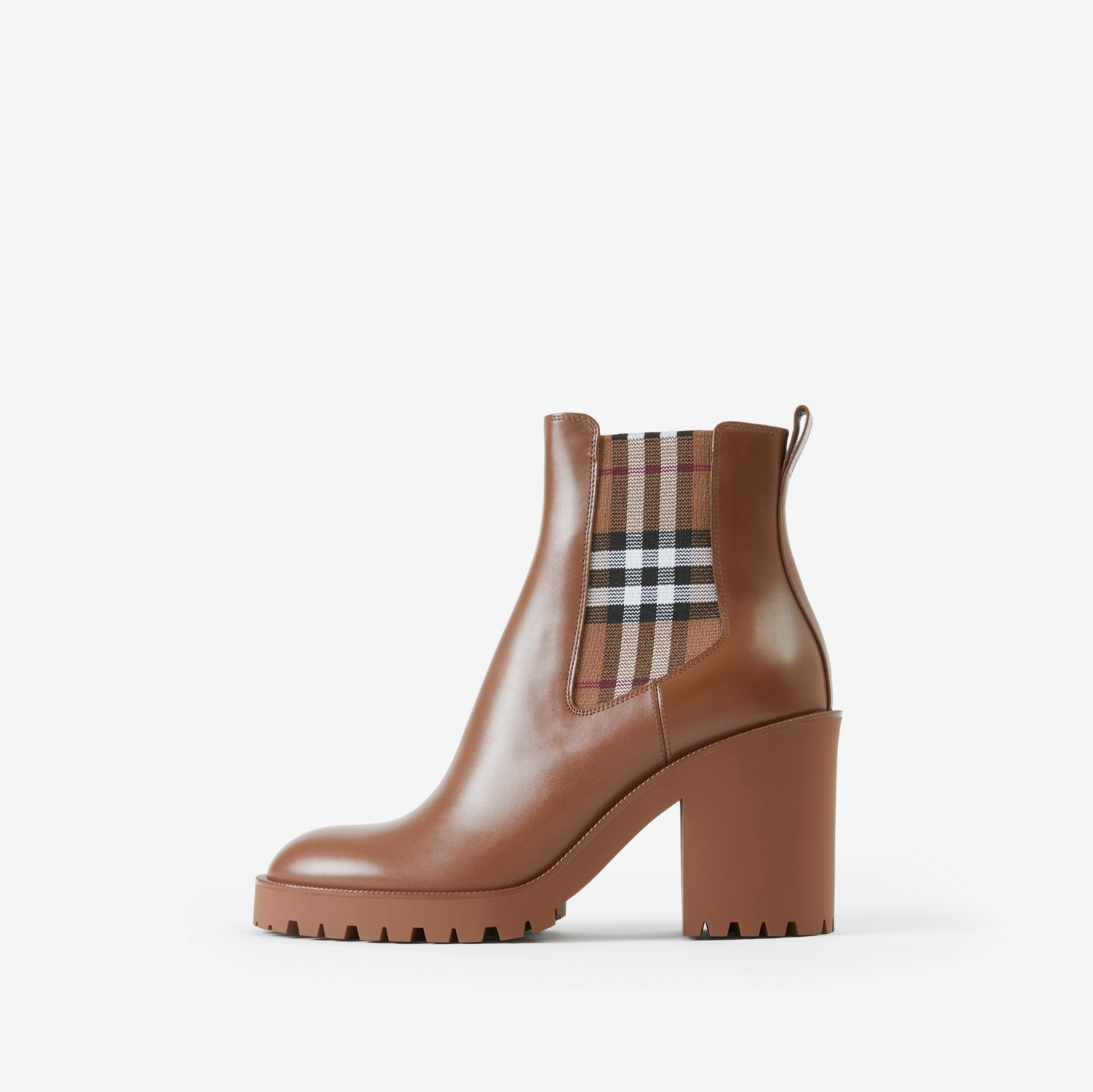 Check Panel Leather Ankle Boots in Dark Birch Brown - Women | Burberry® Official