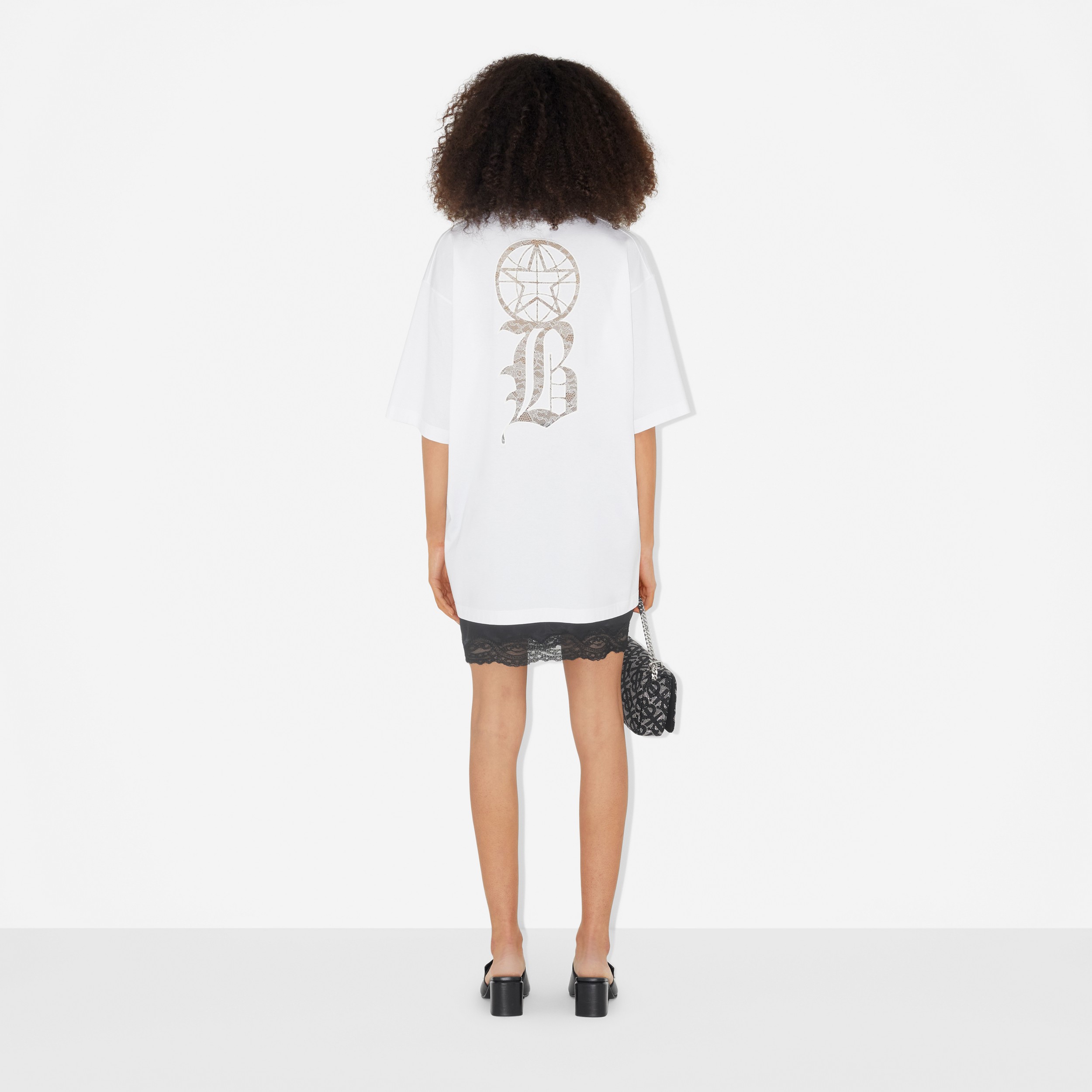 Lace Logo Cotton Oversized T-shirt in Optic White - Women | Burberry® Official - 4