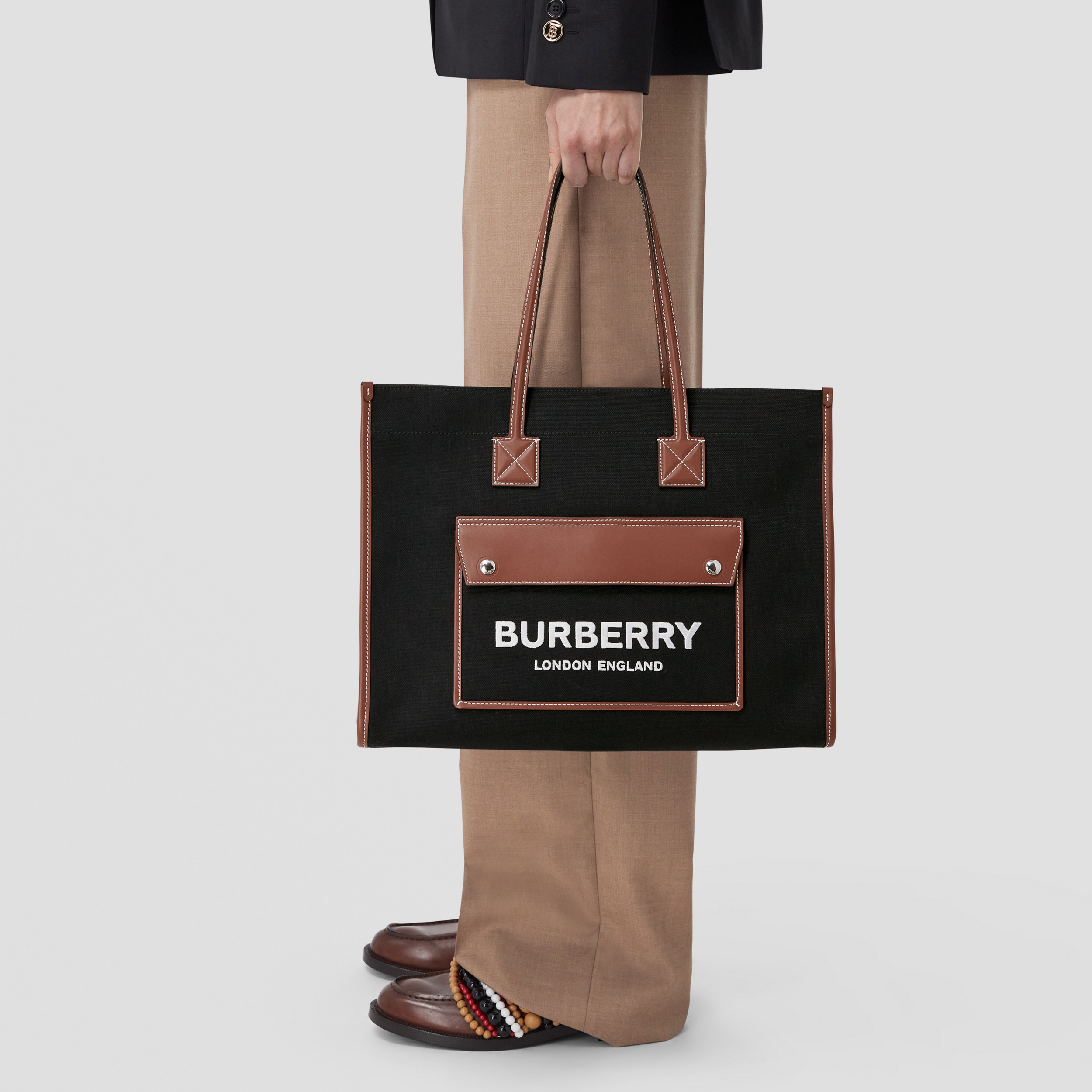 Medium Two-tone Canvas and Leather Freya Tote in Black/tan - Women | Burberry® Official - 3