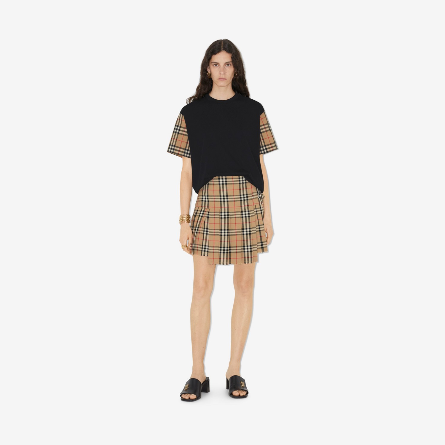 체크 슬리브 코튼 티셔츠 (블랙) - 여성 | Burberry®