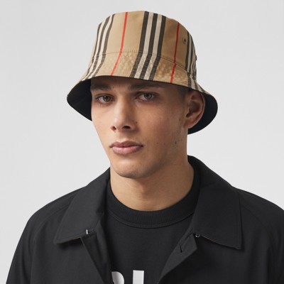 Reversible Icon Stripe Cotton Bucket Hat in Archive Beige/black 