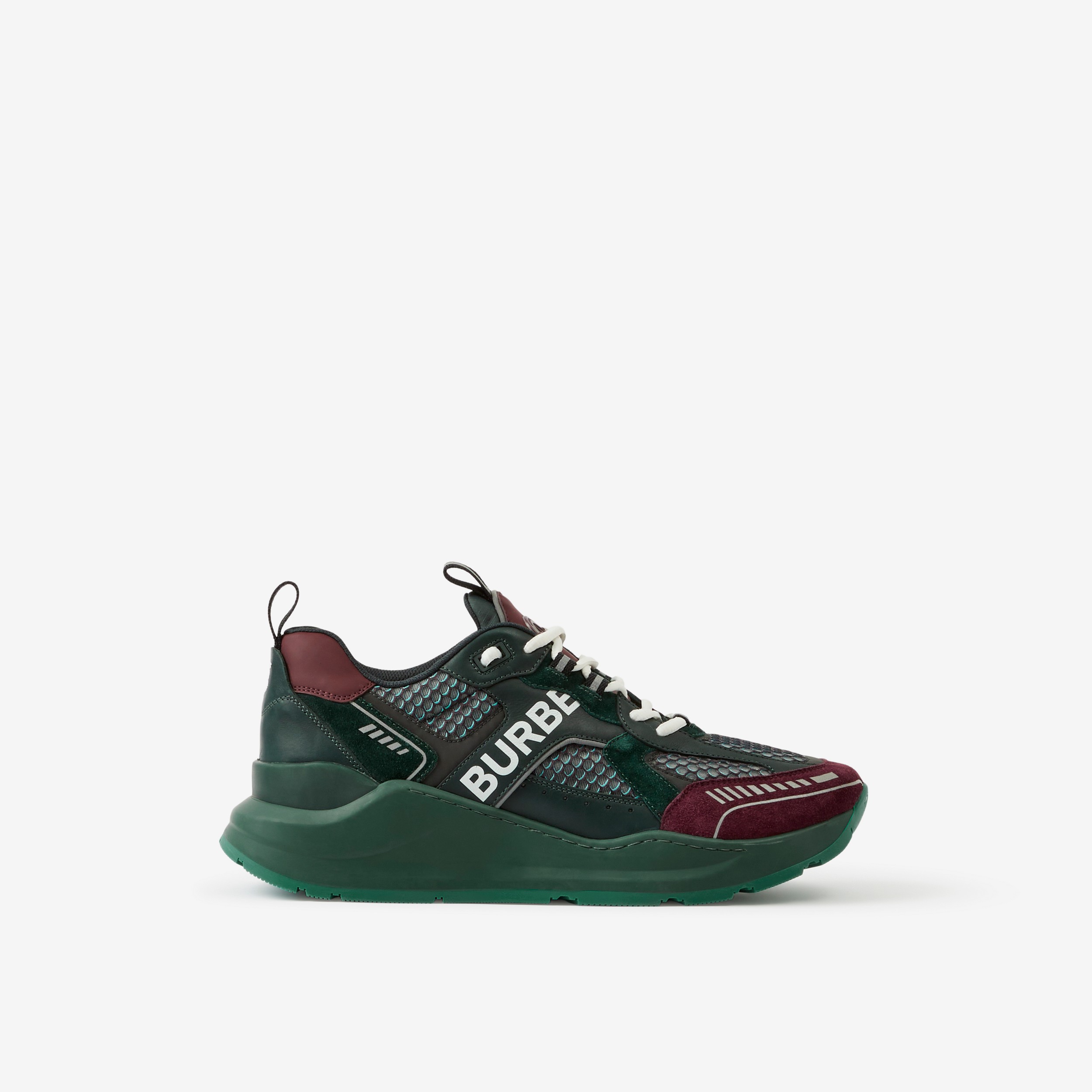 Logo Print Leather, Suede and Mesh Sneakers in Green/burgundy/white - Men | Burberry® Official - 1
