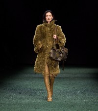 Model in Faux fur shawl collar coat in acre