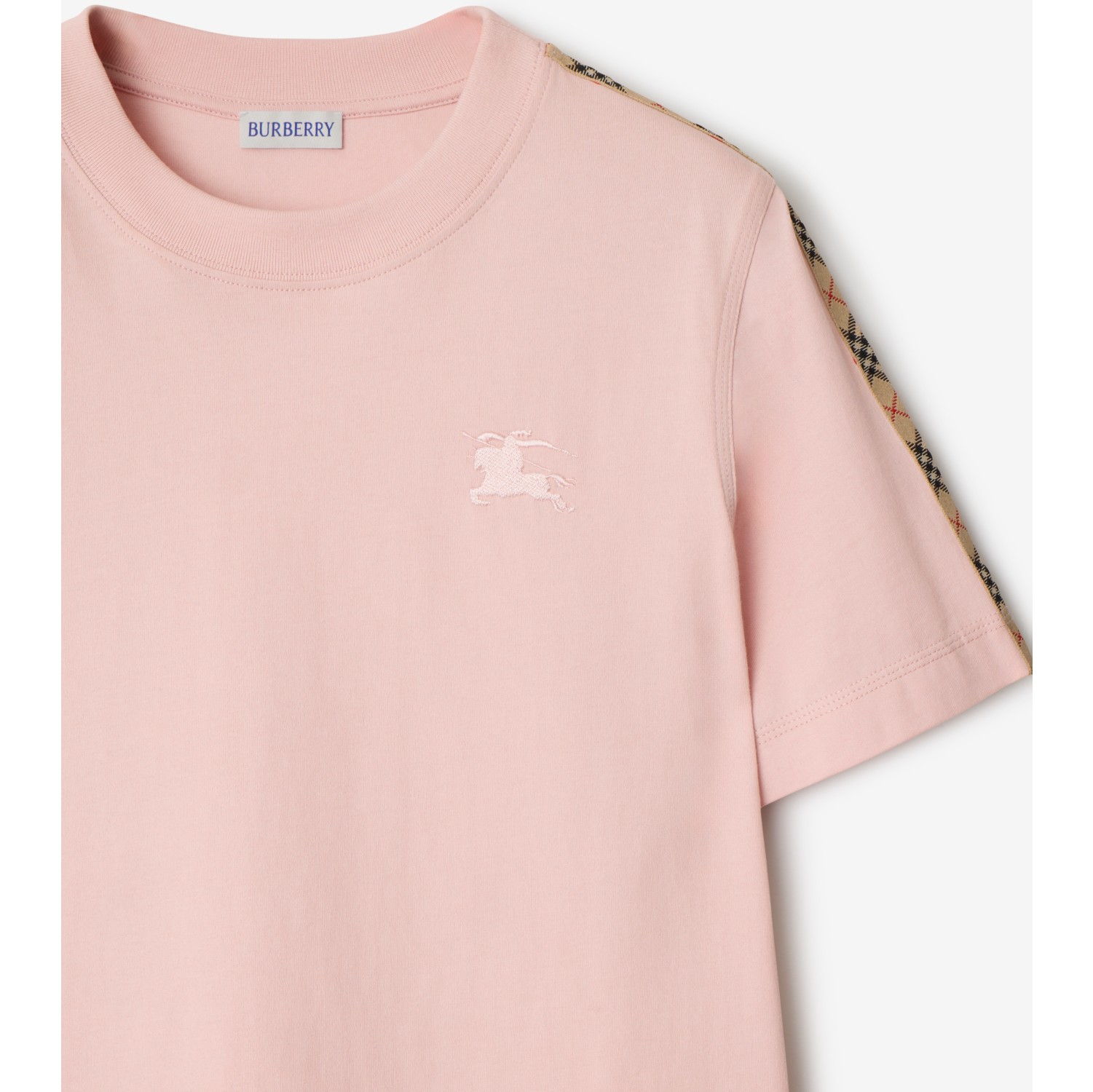 Check Trim Cotton T-shirt in Bouquet pink - Women | Burberry® Official