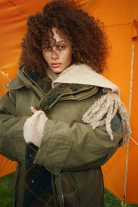 Model wearing Parka and Burberry Wool Scarf