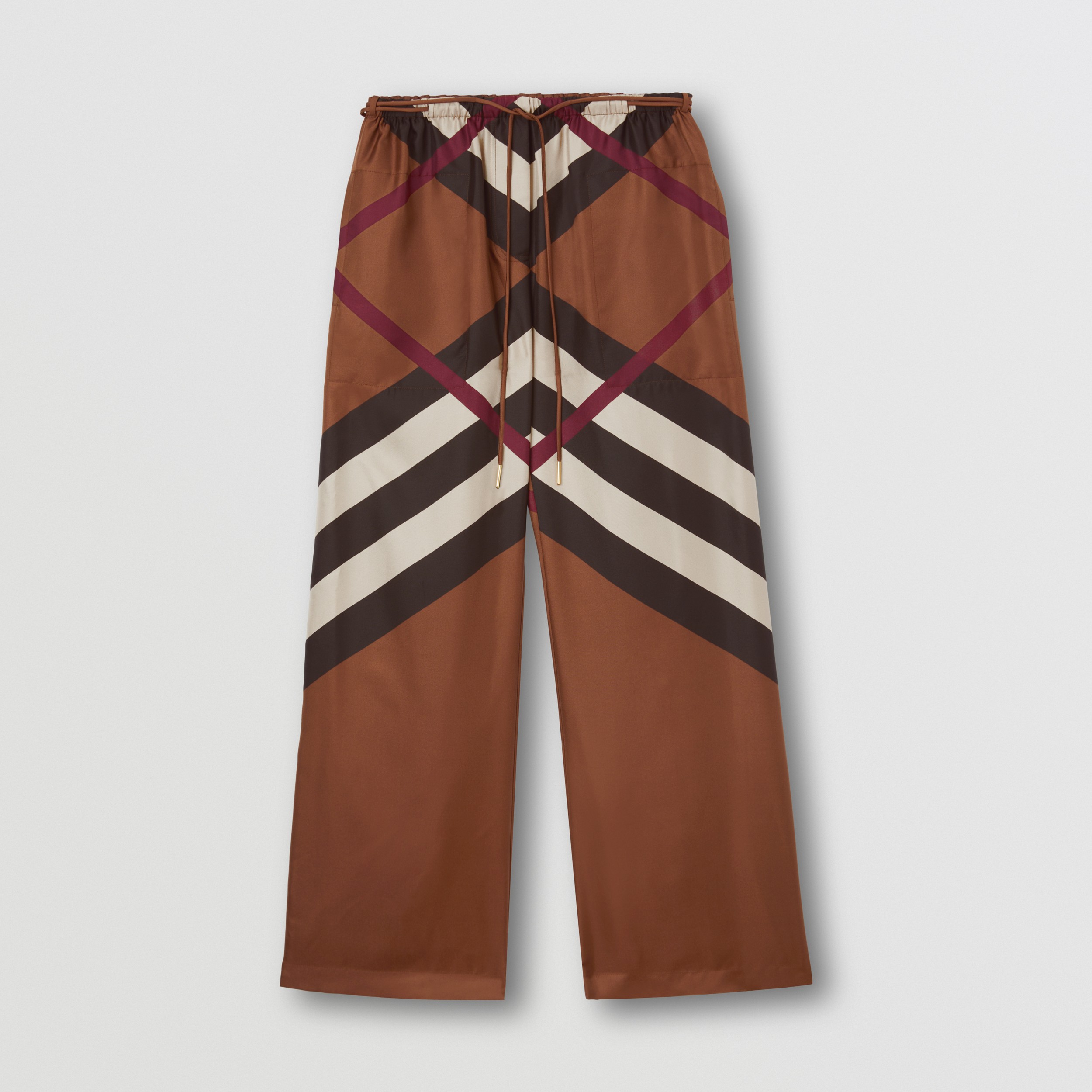 Calças estilo pantalona de seda com estampa Chevron Check (Marrom Bétula Escuro) - Mulheres | Burberry® oficial - 4