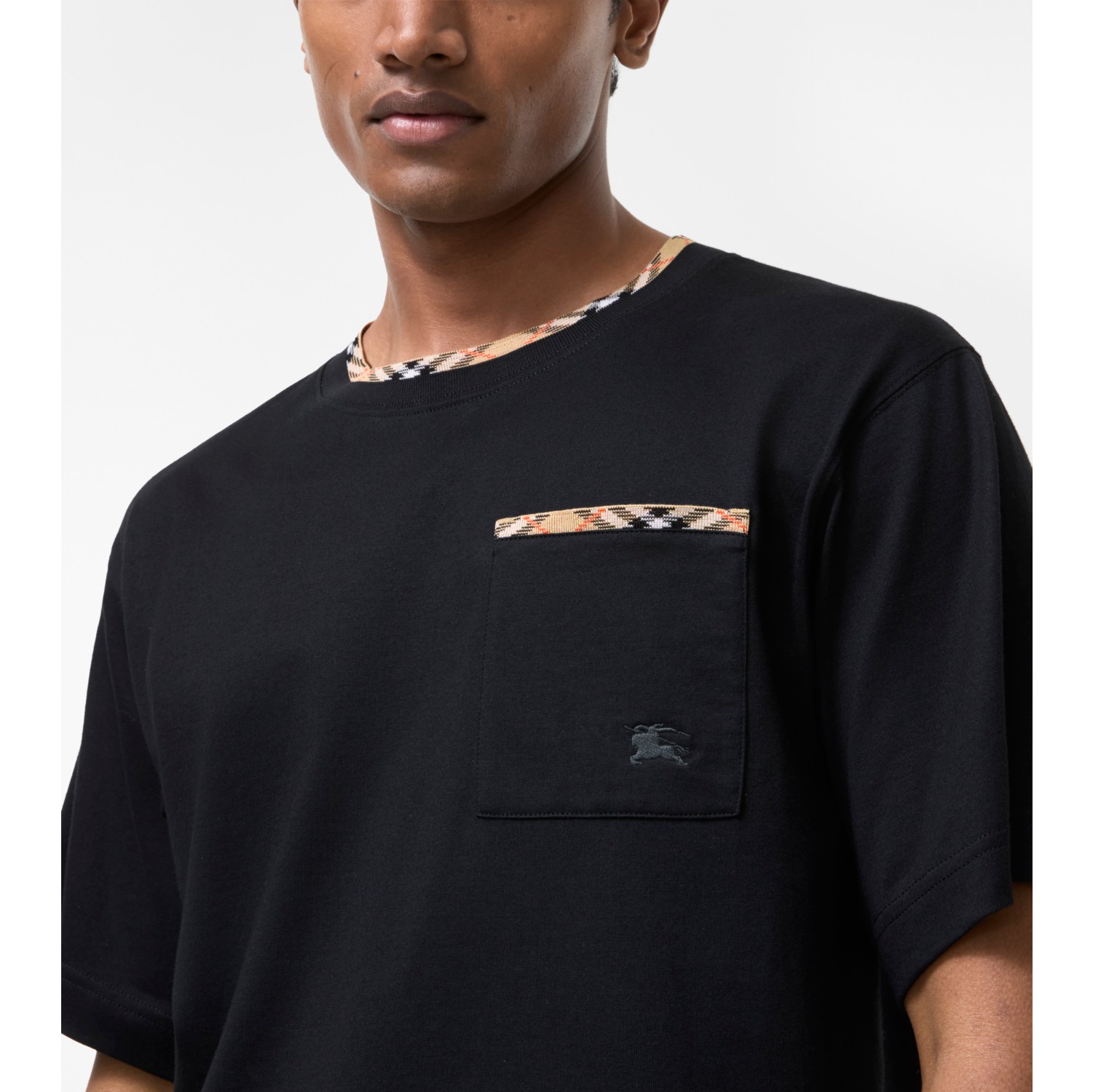 Check Trim Cotton T-shirt in Black - Men | Burberry® Official
