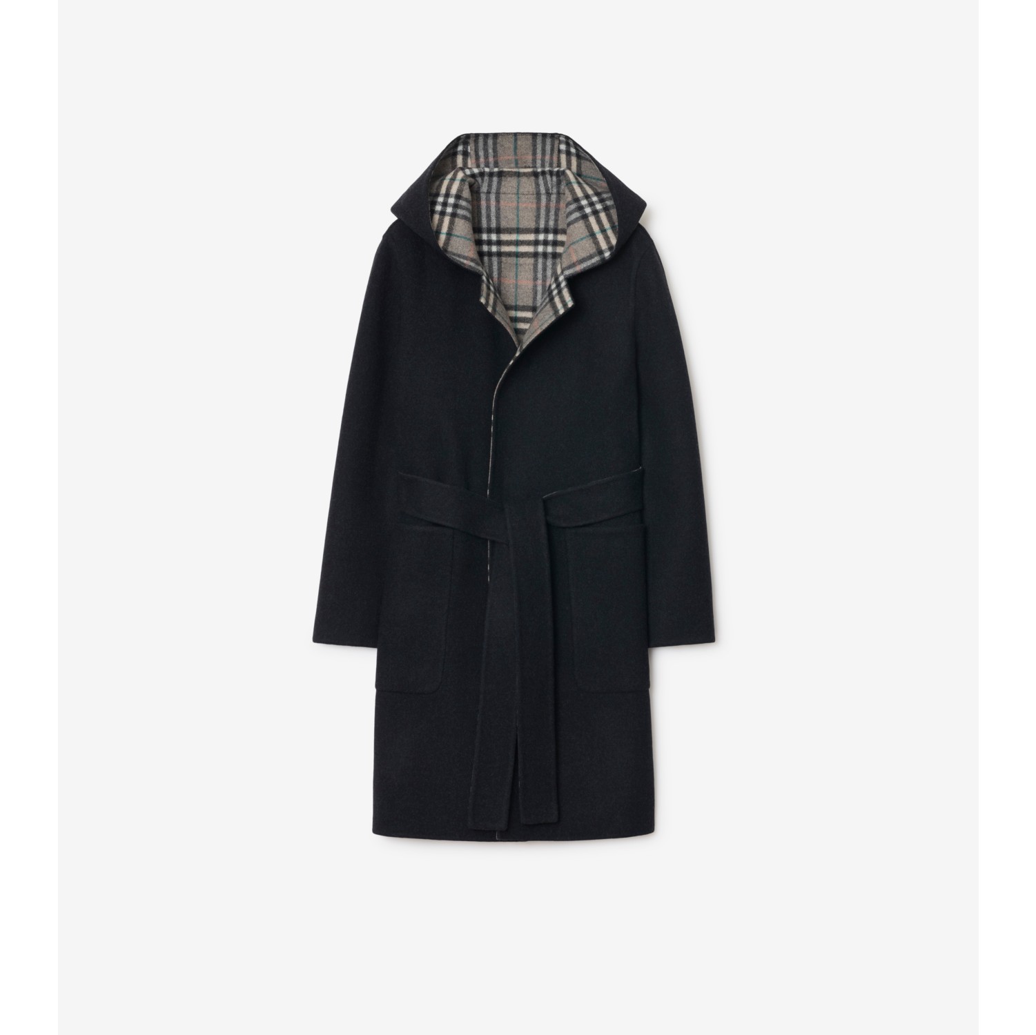 Reversible Wool Hooded Wrap Coat in Navy/Glacier - Women | Burberry® Official