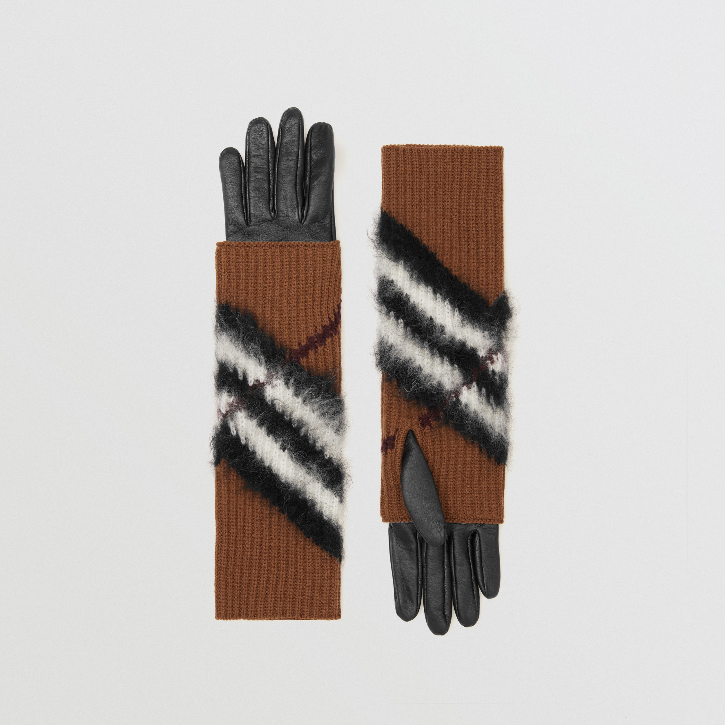 Chevron Check Overlay Leather Gloves in Dark Birch Brown | Burberry® Official - 1