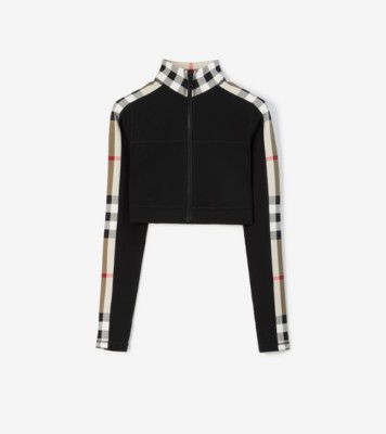 Cropped Check Trim Stretch Jersey Zip Top in Black - Women, Nylon