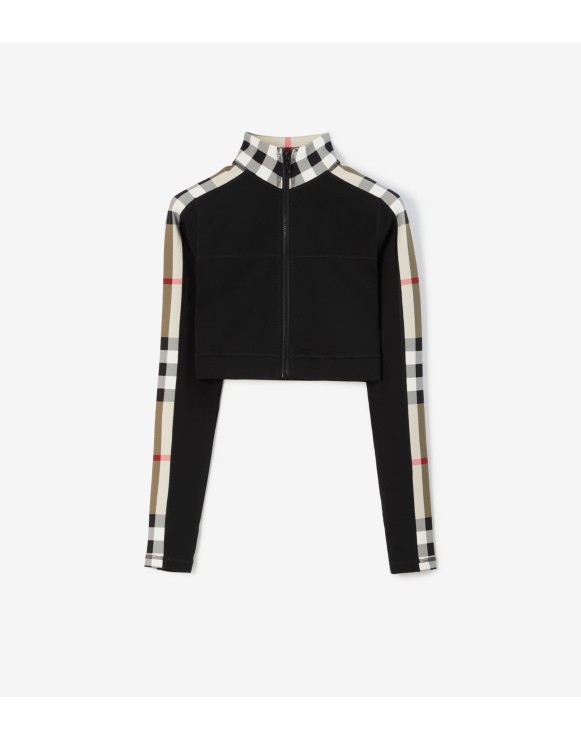 Cropped Check Trim Stretch Jersey Zip Top