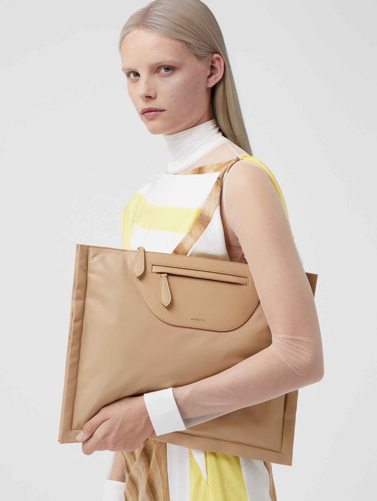 Leather and Lambskin Olympia Scarf Clutch in Cool Beige