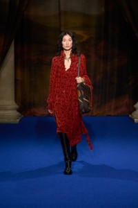 Chu Wong wearing a Baroque velvet dress