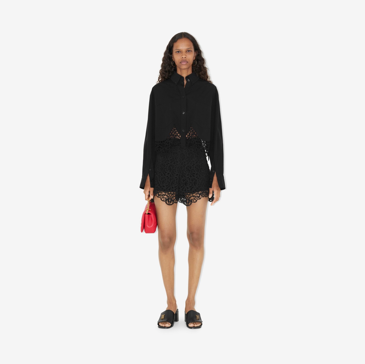 마크라메 레이스 헴 코튼 크롭 셔츠 (블랙) - 여성 | Burberry®