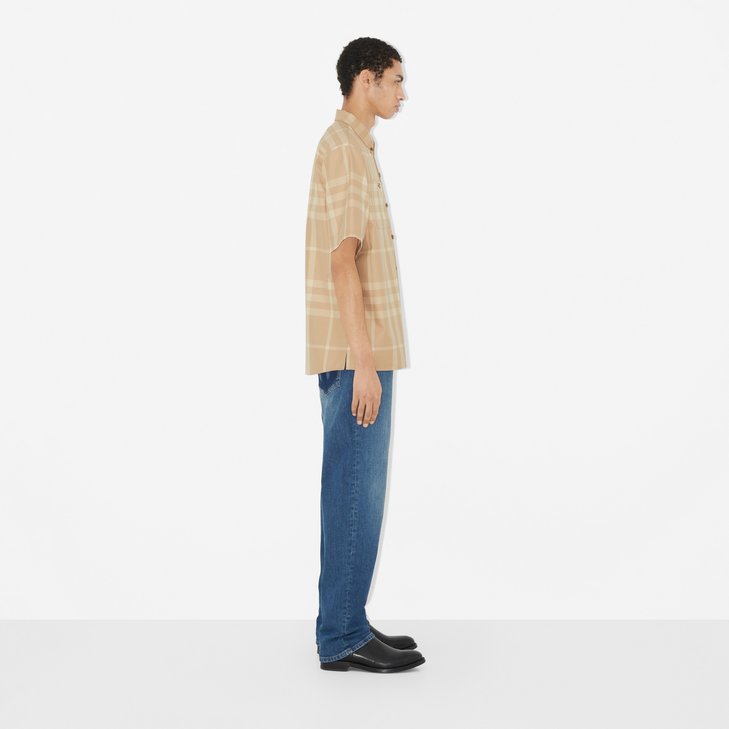 Short-sleeve Check Cotton Gabardine Shirt in Soft Fawn - Men | Burberry® Official - 3