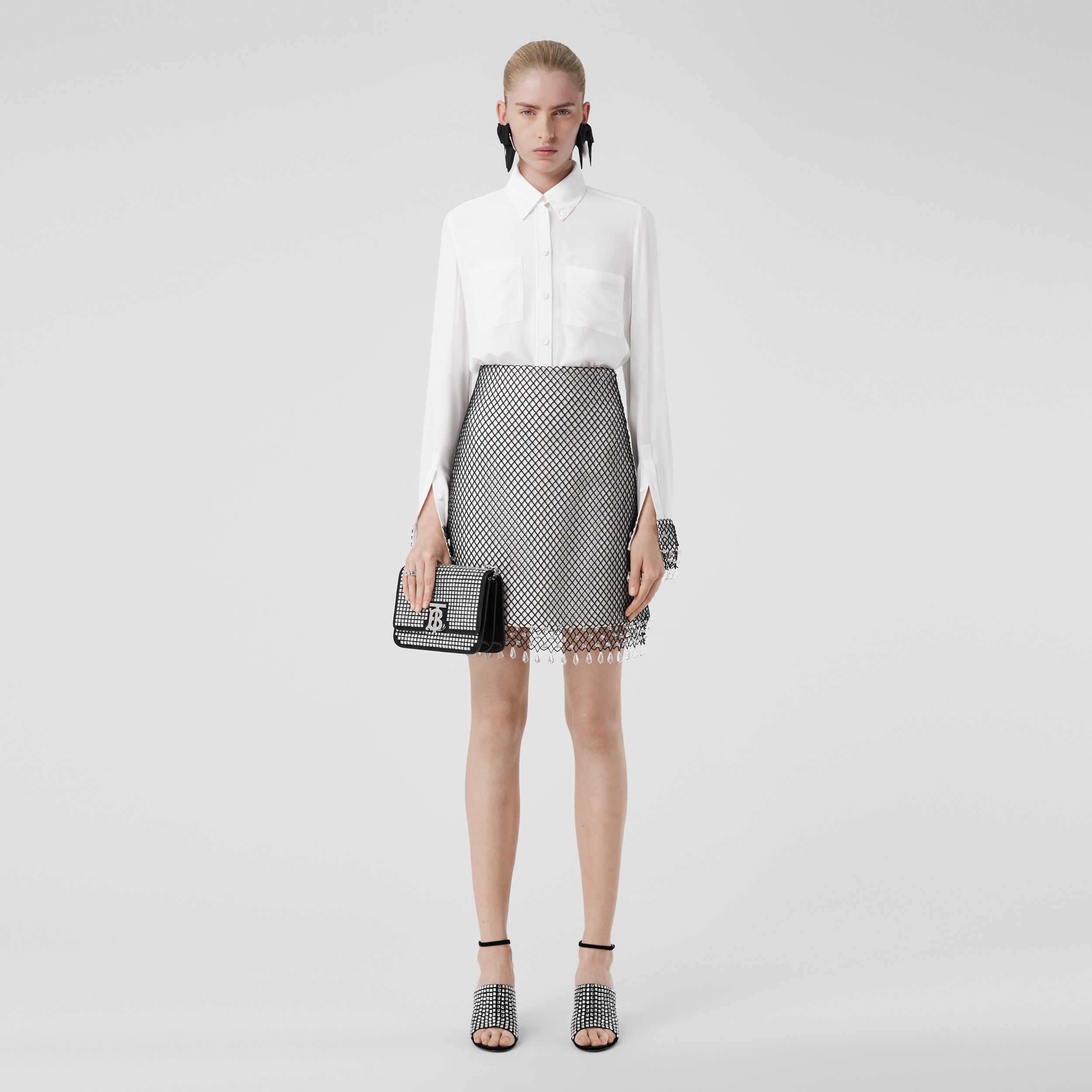 Crystal-embellished fishnet mini skirt in Natural White - Women | Burberry® Official - 4
