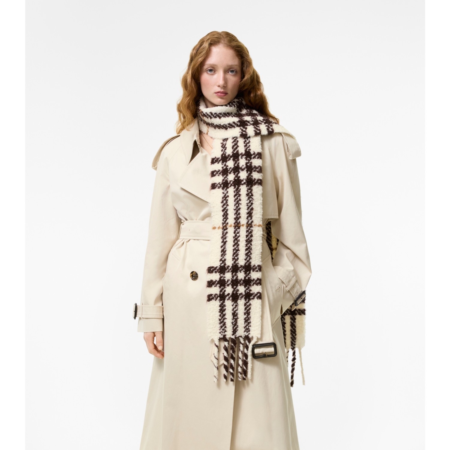 Narrow Check Alpaca Wool Blend Bouclé Scarf
