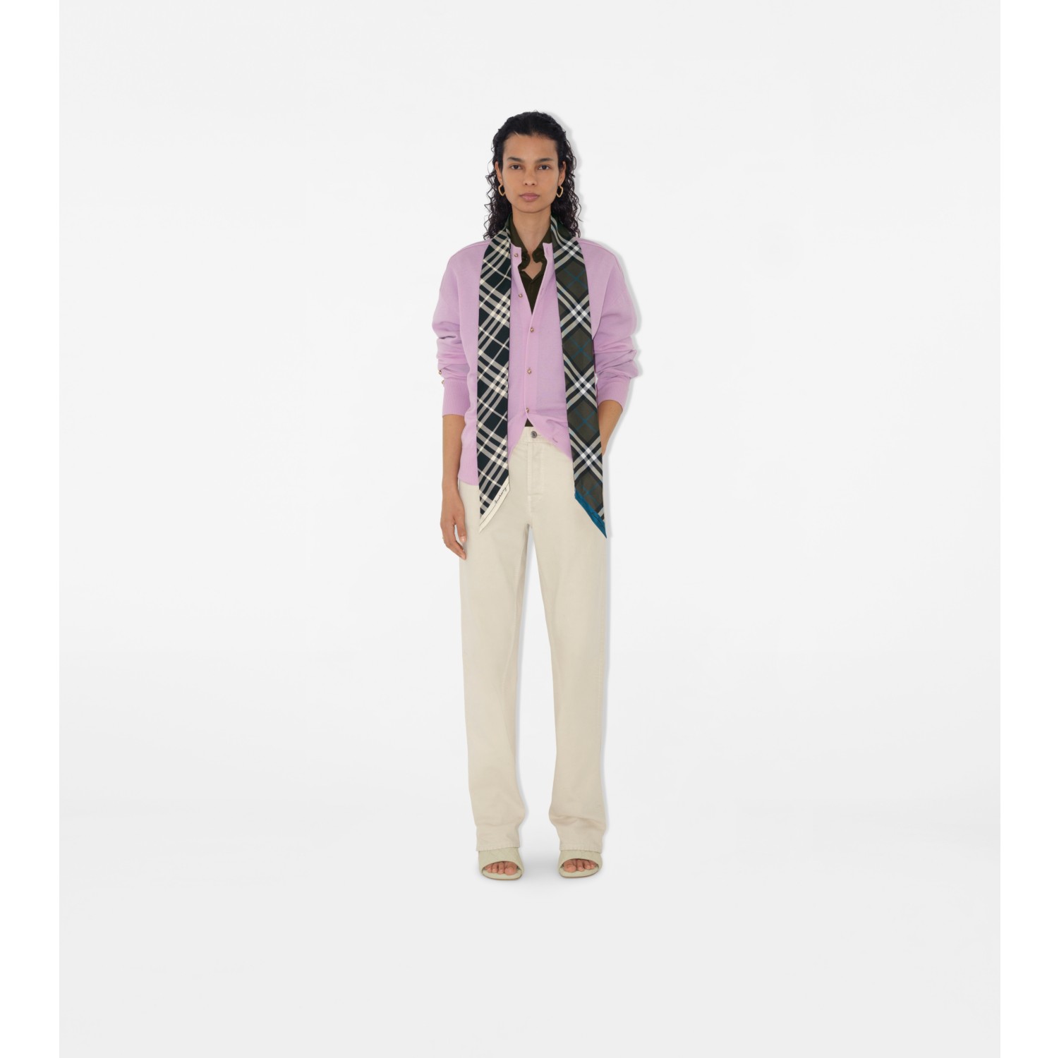 Skinny scarf de seda com estampa Check contrastante