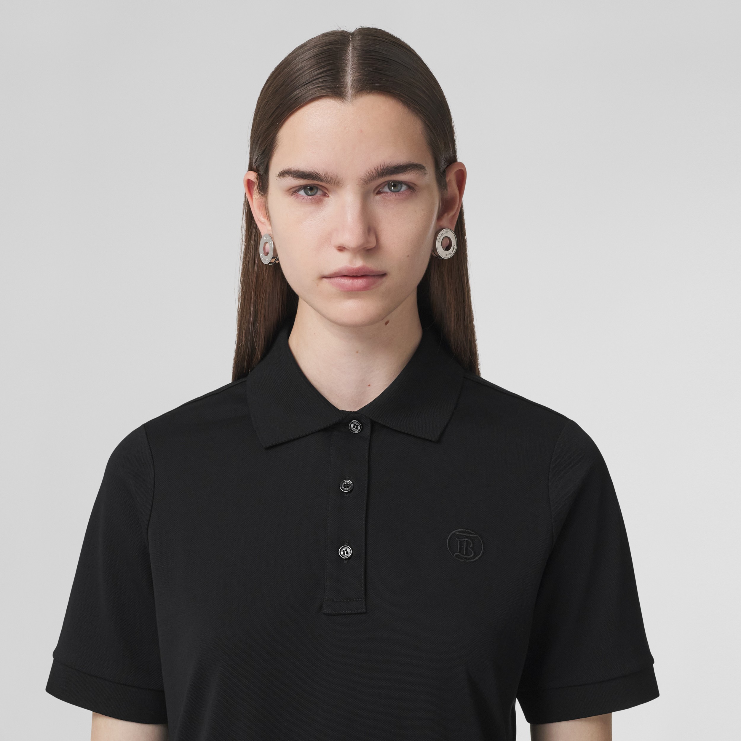 Monogram Cotton Piqué Polo Shirt in Black - Women | Burberry® Official - 2