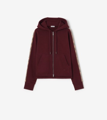 Check Trim Cotton Zip Hoodie in Vineyard red - Women | Burberry