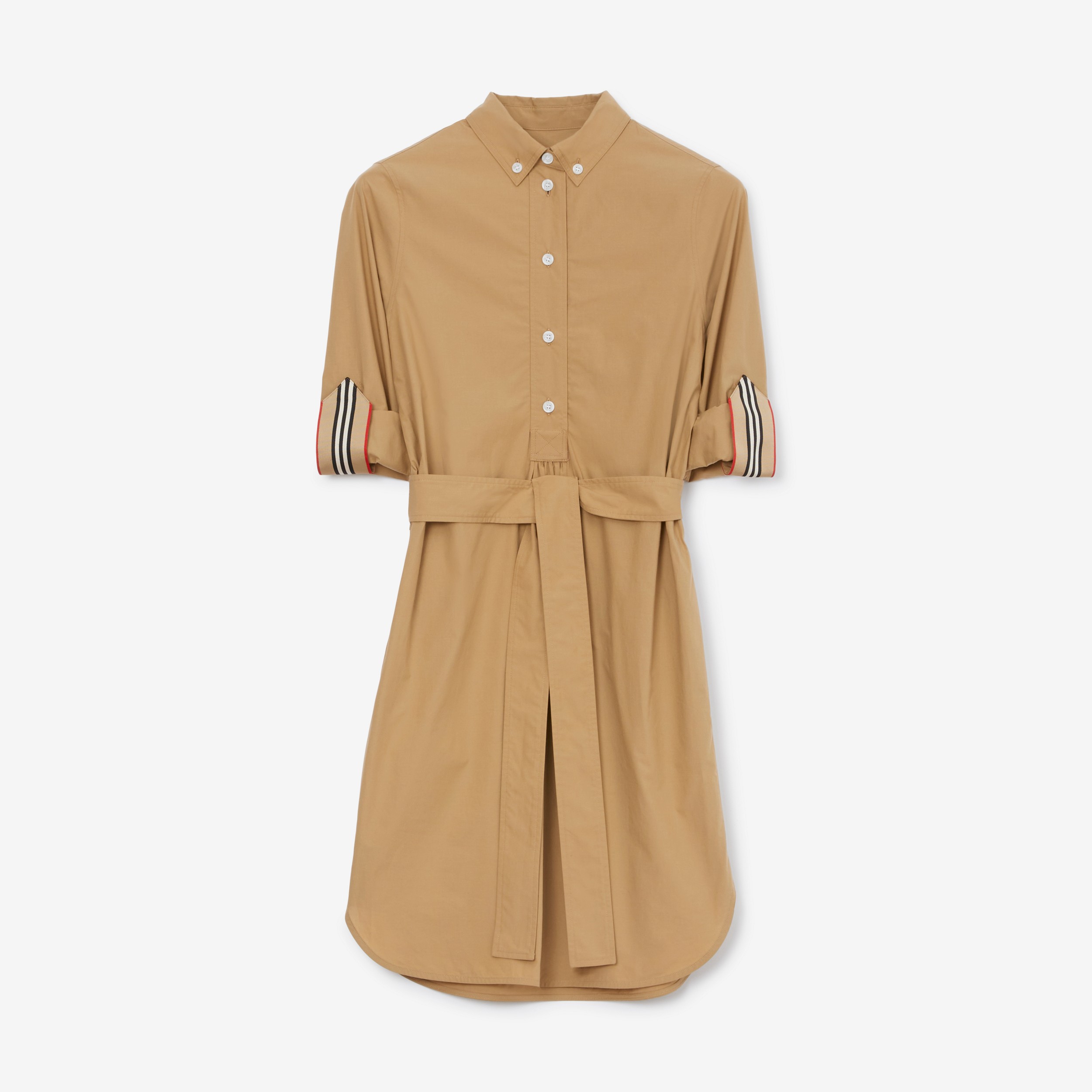 Icon Stripe Detail Cotton Tie-waist Shirt Dress in Soft Camel - Women | Burberry® Official - 1