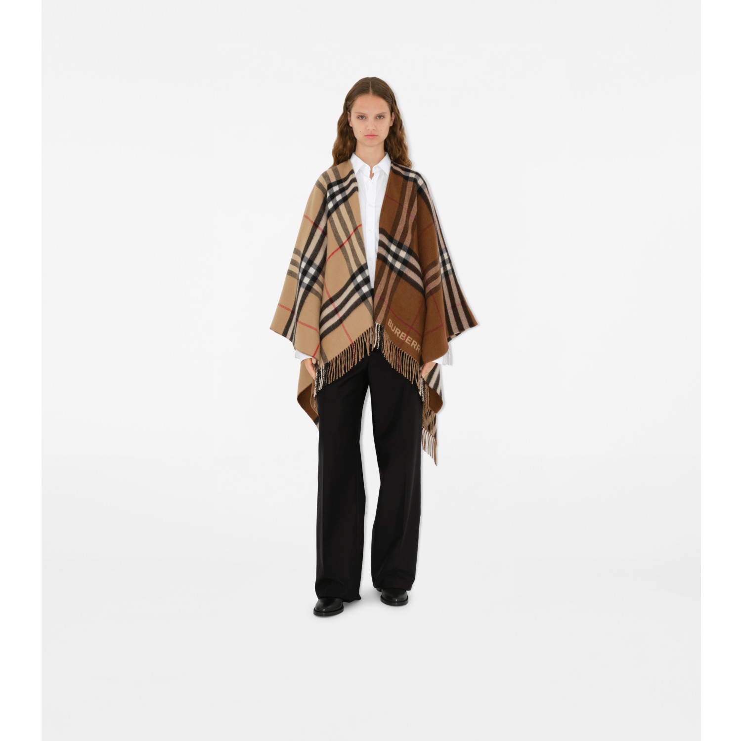 Contrast Check Wool Cashmere Cape in Archive beige dark birch brown Burberry Official