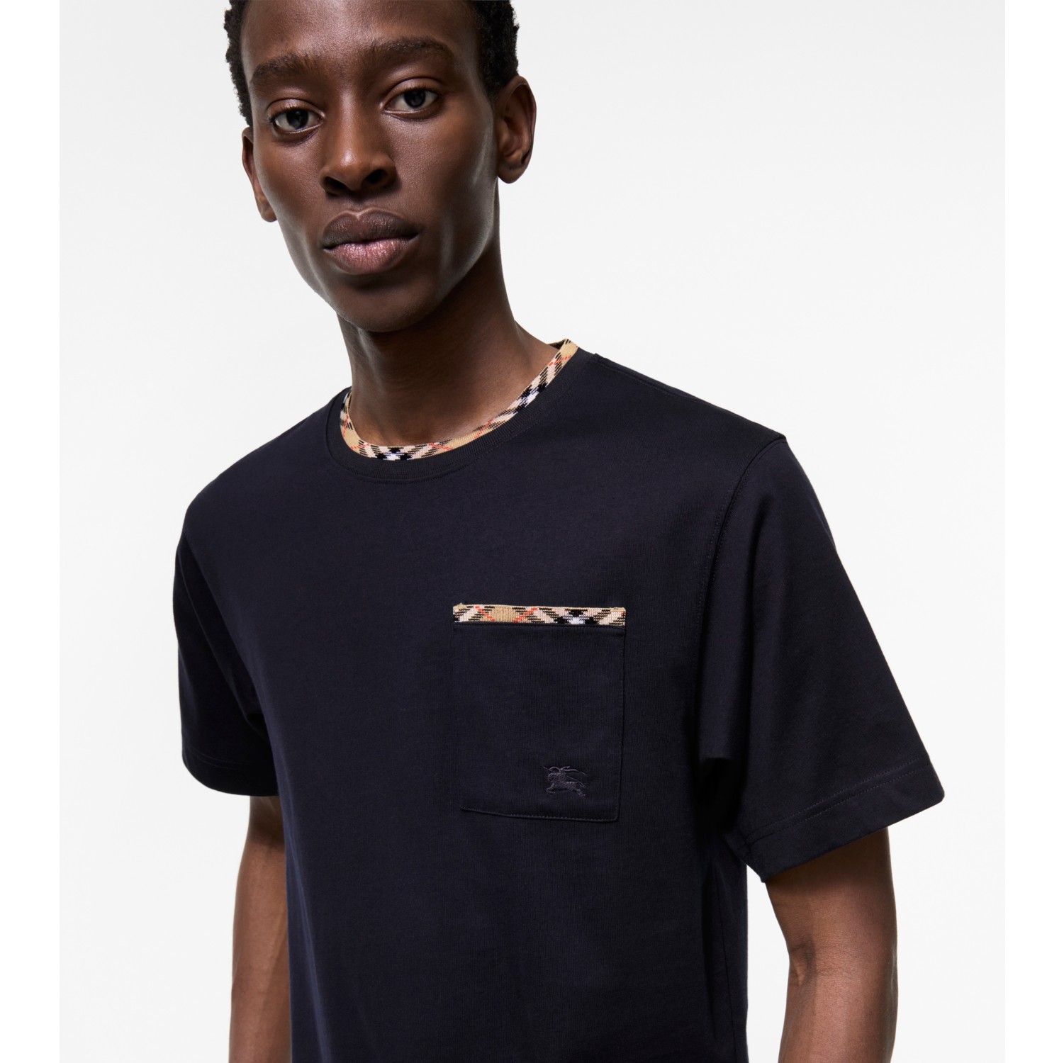 Check Trim Cotton T-shirt in Navy - Men | Burberry® Official