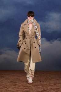 Burberry SS26 Show model Charlie Jones wearing a Trench coat and Macramé trim leather trousers