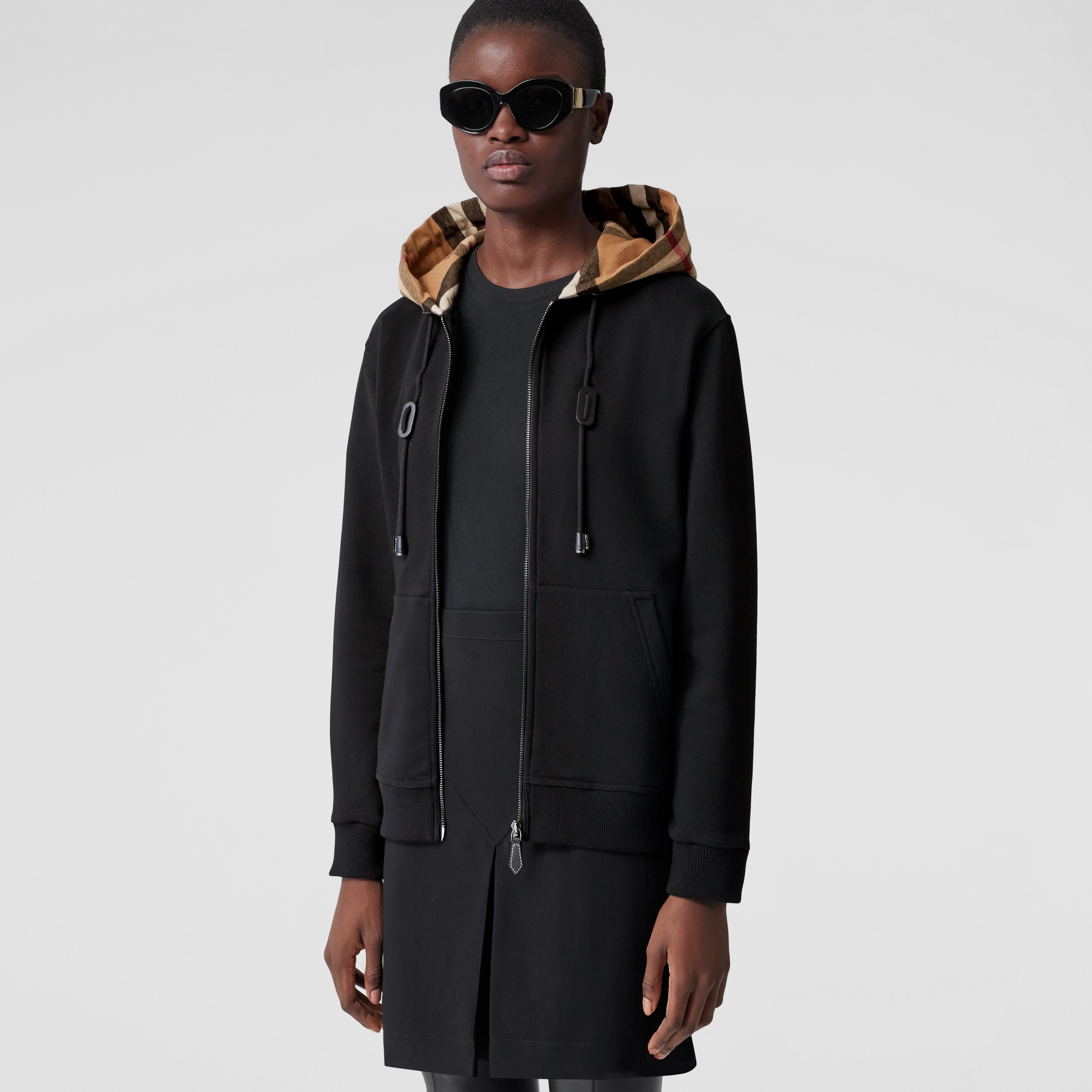 Check Hood Cotton Hooded Top in Black - Women | Burberry® Official - 1