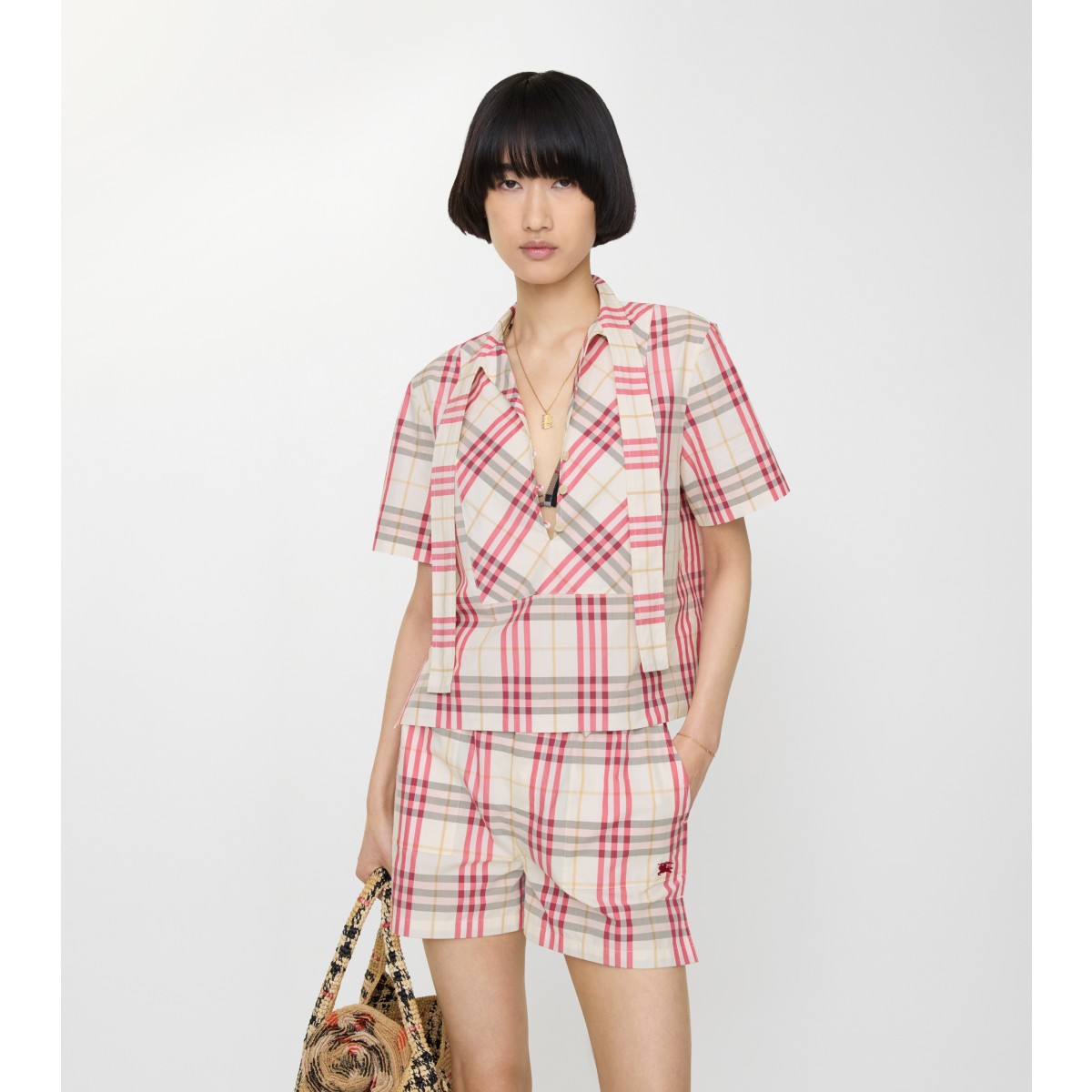  Check Cropped Cotton Scarf Blouse