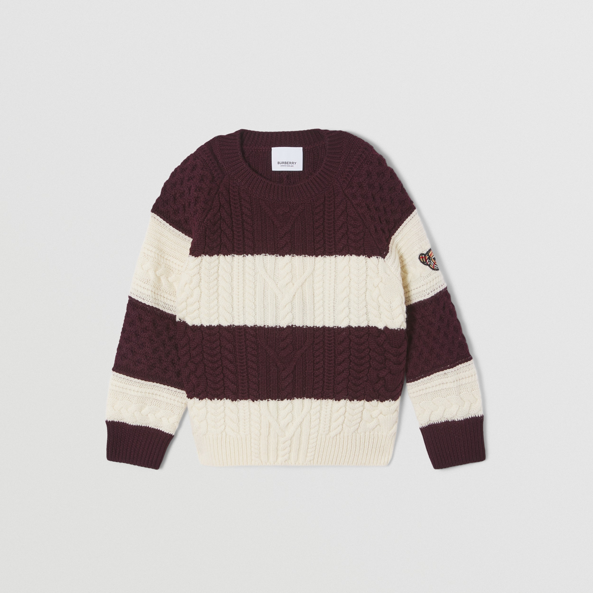Cable Knit Striped Wool Blend Sweater in Burgundy/white | Burberry® Official - 1